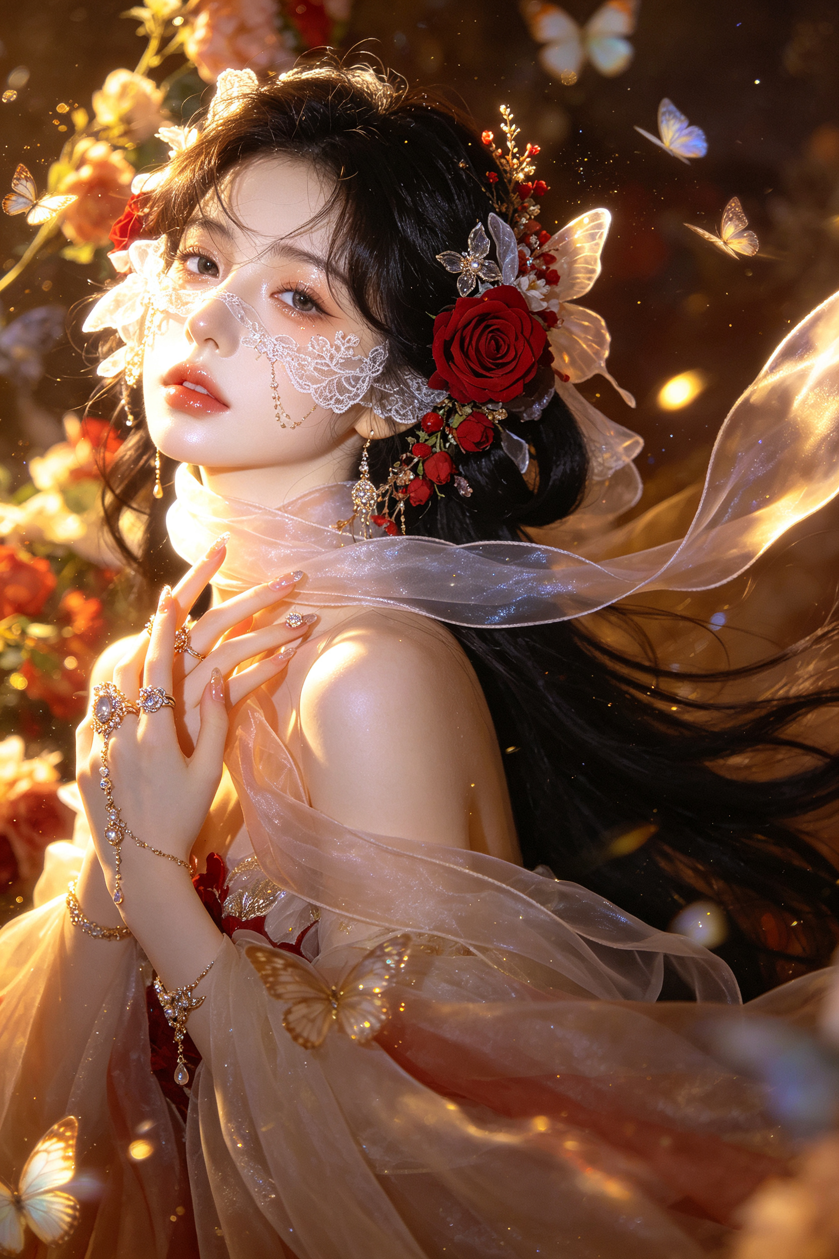 女，cg插画，bjd质感，mj建模，萝莉脸，东方面孔，长发，细闪粒子，女性人像摄影+人像面部聚焦，用到大张力构图，微光+闪光+曝光+发光，运动模糊，朦胧感+模糊感，超强模糊质感的摄影抓拍，周边的物体全部虚化，发光+花+… - AI prompt reference from CC Prompt Galaxy