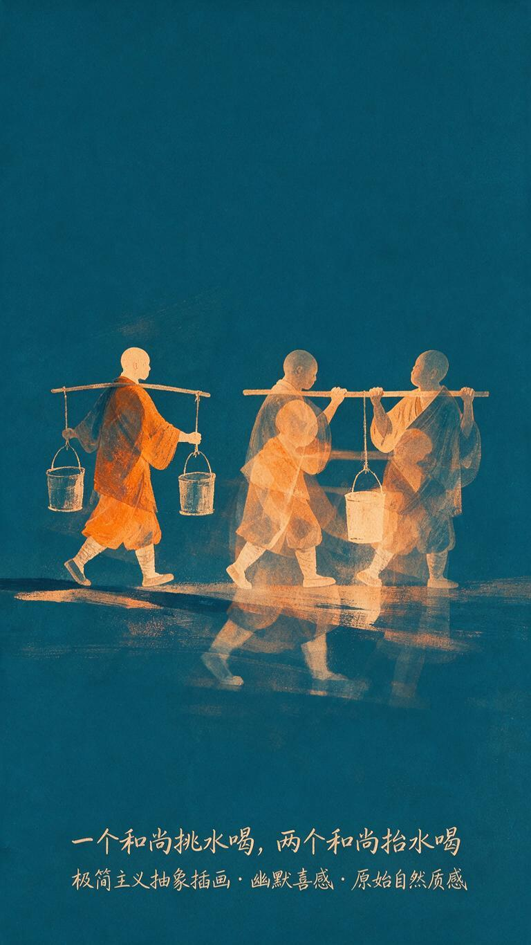 极简主义，抽象插画。一个和尚挑水喝，两个和尚抬水喝。大师高级技法不对称构图。极致细节，色彩互补色调，多重曝光，欠曝，颗粒感，神秘，夸张，幽默喜感。震撼，意想不到。原始自然质感美，视觉冲击力，干净纯色背景，超高清画质。加… - AI提示词参考图，来自西西提示词