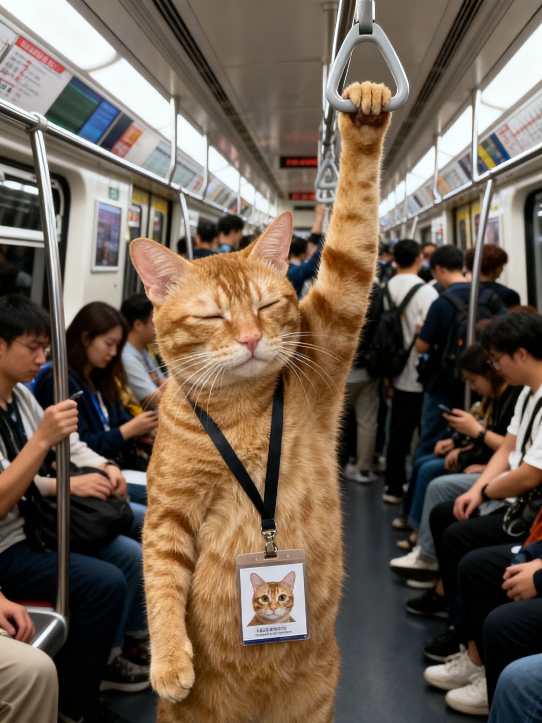 ######猫猫坐地铁，满脸疲惫，耳朵竖起，眼睛眯着，爪爪拉着挂钩站着，符合逻辑，拟人化，大师镜头，地铁非常拥挤，猫猫挂着工牌，工牌上的照片是猫猫的头像 - AI prompt reference from CC Prompt Galaxy