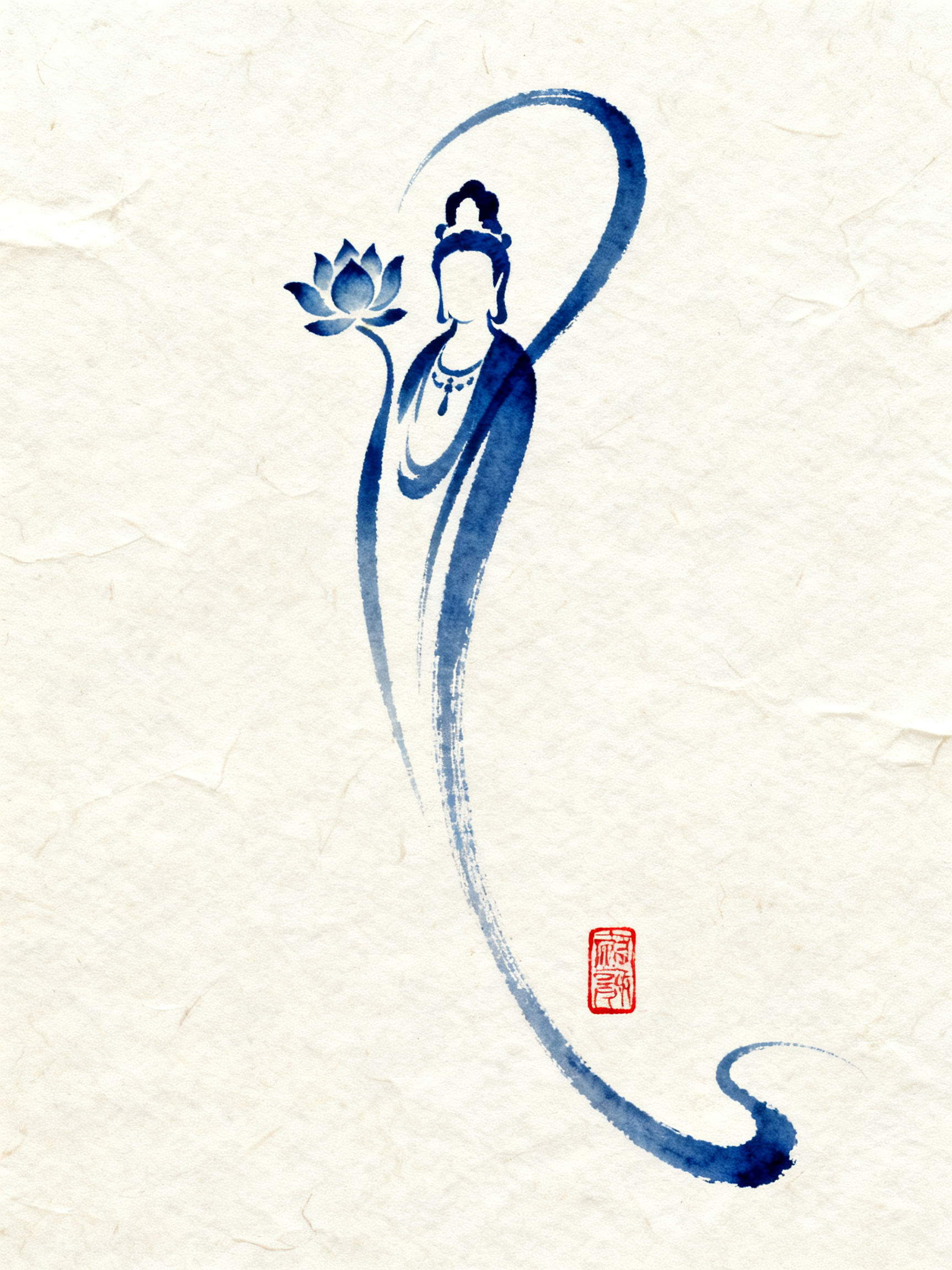 一个观音与一朵莲花的抽象表达，极具艺术造诣，手绘感强，现代简约线条艺术，拉长的艺术曲线，曲线延伸飘逸，构图完整，极致简约概括手绘毛笔线条，青花瓷配色线条为主，流畅飘逸的线条质感，添加传统红色印章简洁白色背景，兼具动感与… - AI提示词参考图，来自西西提示词