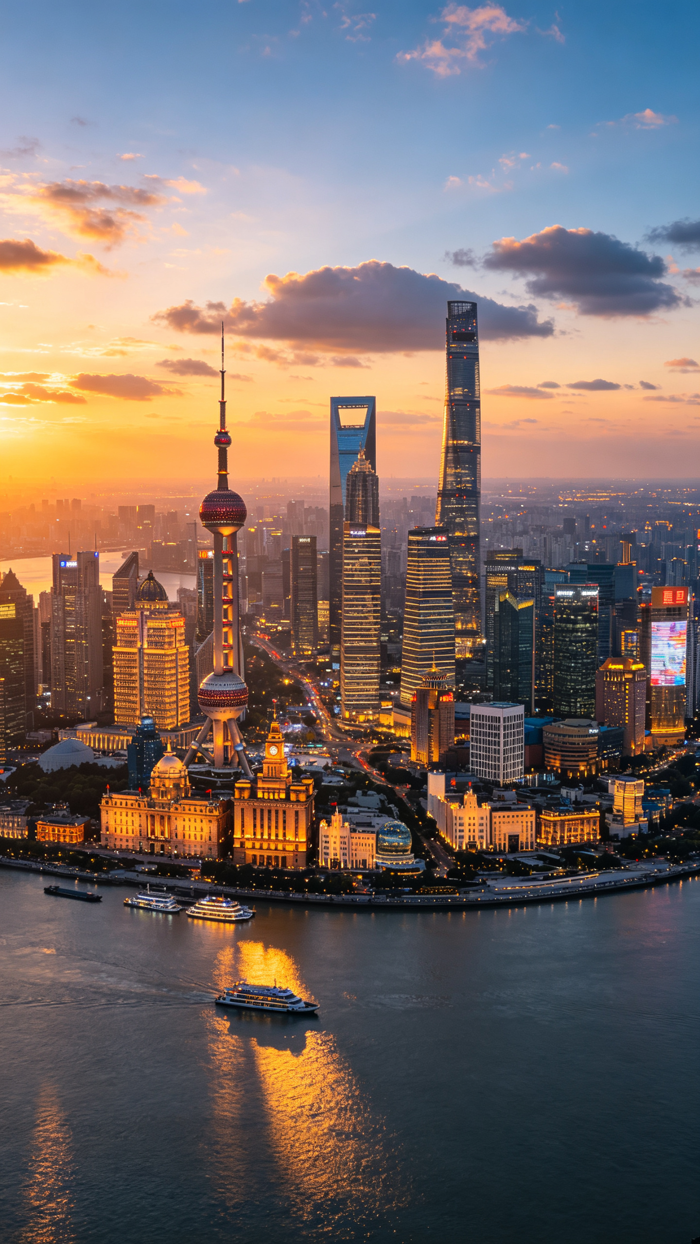 超写实城市风光摄影风格，上海外滩陆家嘴天际线全景（东方明珠、上海中心大厦、环球金融中心、金茂大厦、外滩万国建筑群），黄浦江江面、江上游船、黄昏渐变天空与云朵，清晨第一缕阳光照射在黄浦江上，日出时分的暖金色夕阳光线、城市… - AI prompt reference from CC Prompt Galaxy