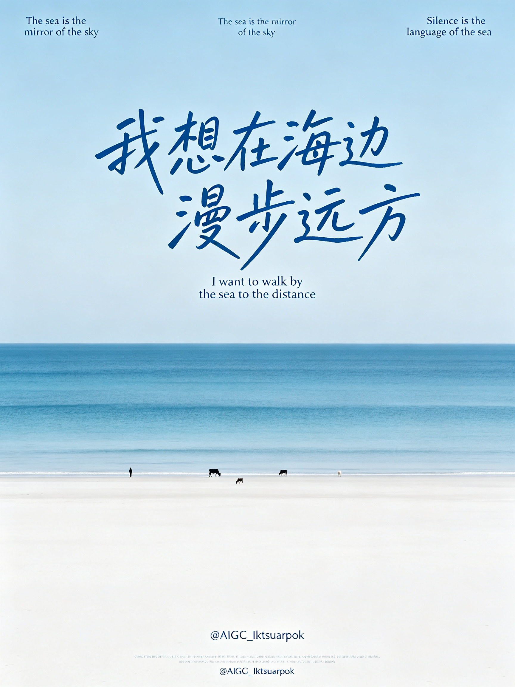 竖版极简文艺大海海报，统一海盐渐变蓝色调，上半部分淡蓝色晴空，中间大面积层次渐变蓝海，海面平静柔和，底部纯白细腻沙滩，沙滩上散落渺小人物、牛羊剪影，画面上方居中加粗蓝色大字“我想在海边漫步远方”（手写体）文字错落排版，… - AI提示词参考图，来自西西提示词