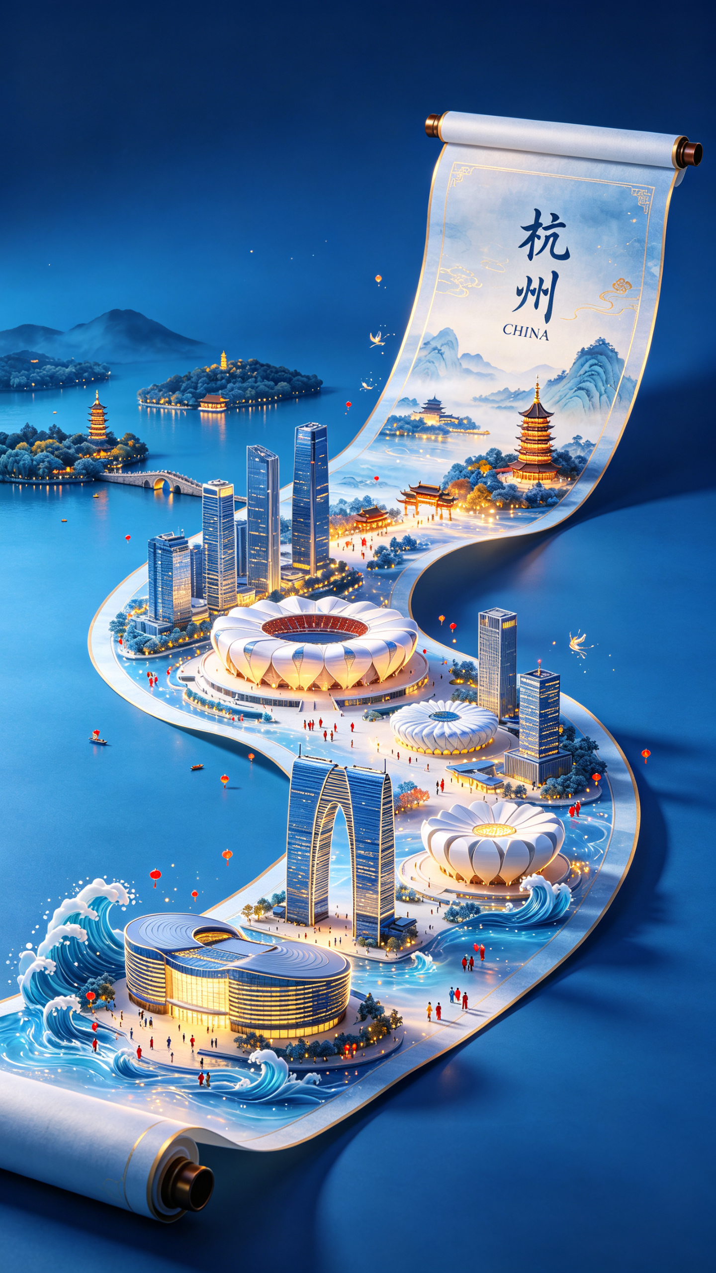 画卷自右上向左下徐徐展开，画卷曲折一些，湖光山色建筑如生长般浮现，统一浓郁蓝色背景，无其他杂物。透明绢本上熬着生物灾光，呈现立体杭州景象：远处的三潭印月，断桥和雷峰塔，中景高层建筑地标和奥体中心大莲花、小莲花，近景杭州… - AI提示词参考图，来自西西提示词