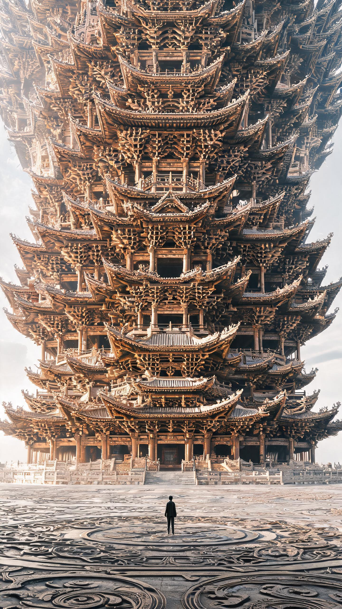 华丽雕文地上矗立着巨构建筑(Megastructure),建筑金棕配色,中式斗拱结构、层层叠叠向画面顶部无限延伸,结构占据画面十分之九,前景有人物,渺小的人物/环境 vs 压倒性的巨型结构,极繁主义巨物美学、史诗尺度,… - AI prompt reference from CC Prompt Galaxy