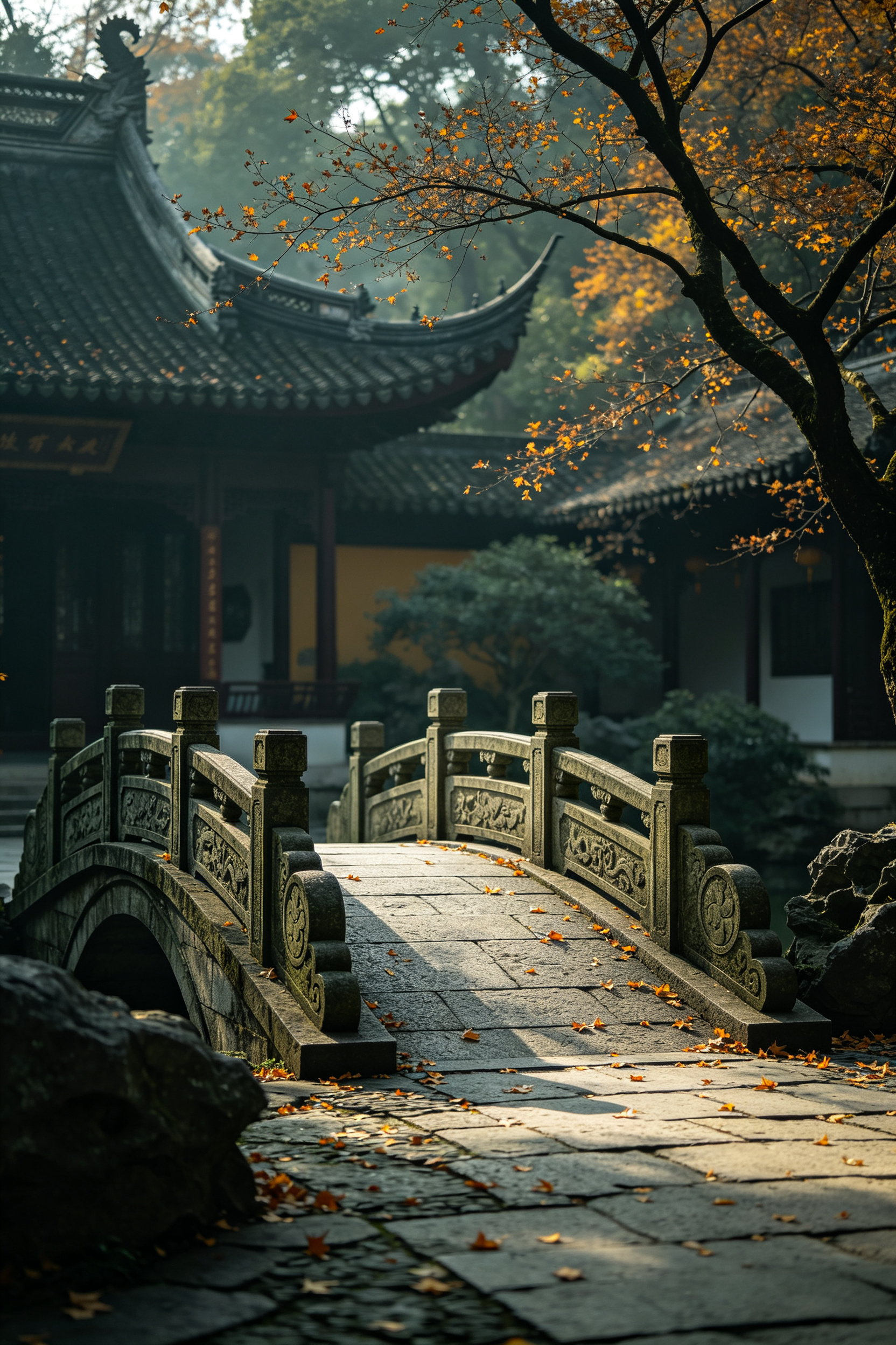 古代，江南，大寺院里有一座石桥，石板路上有少许落叶，旁边有树，环境别致优雅。景致真实清晰，既视感，浪漫感，强烈的胶片颗粒质感，杰作，电影质感，电影质感，刻画环境事物。大师构图，古风，专业镜头，故事感。色调以暗青为主，P… - AI提示词参考图，来自西西提示词