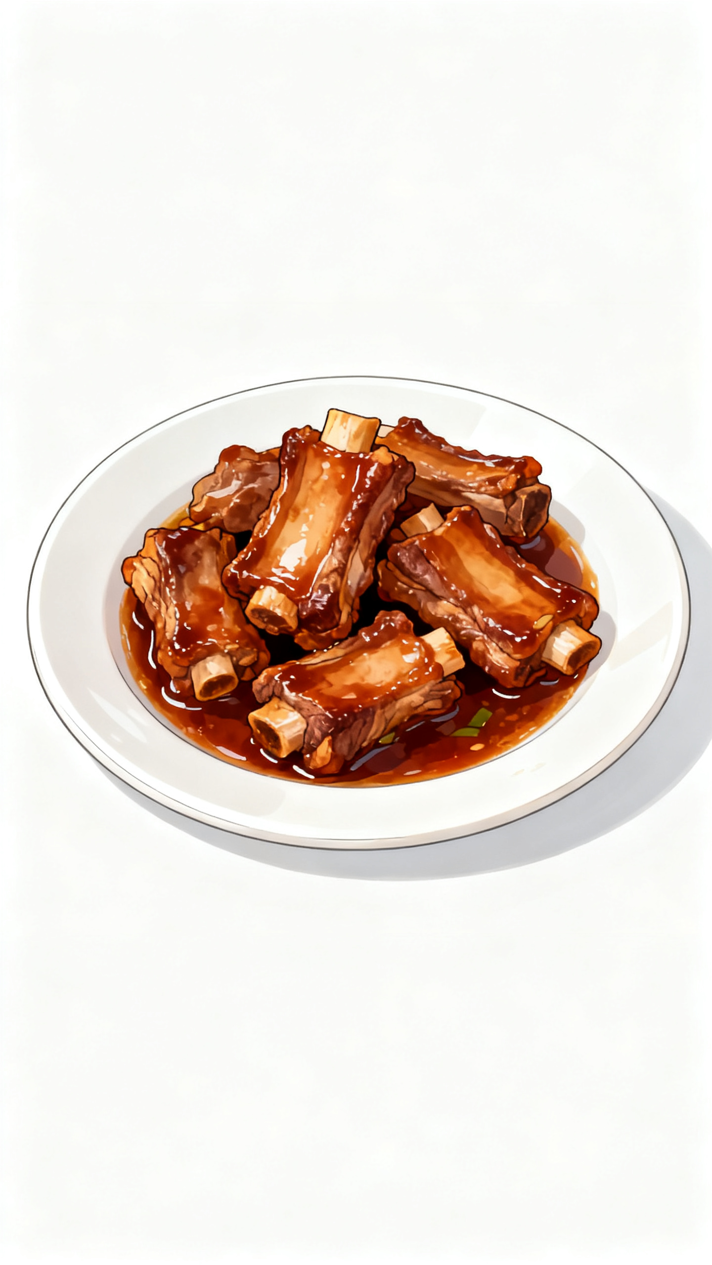 手绘插画风格，一碗红烧排骨，纯白平整桌面，白色陶瓷圆盘，柔和均匀自然光，干净极简背景，高清8k，菜品色泽诱人，有食欲，平视角度，无多余杂物，商业美食实拍质感，写实，对焦清晰 - AI提示词参考图，来自西西提示词