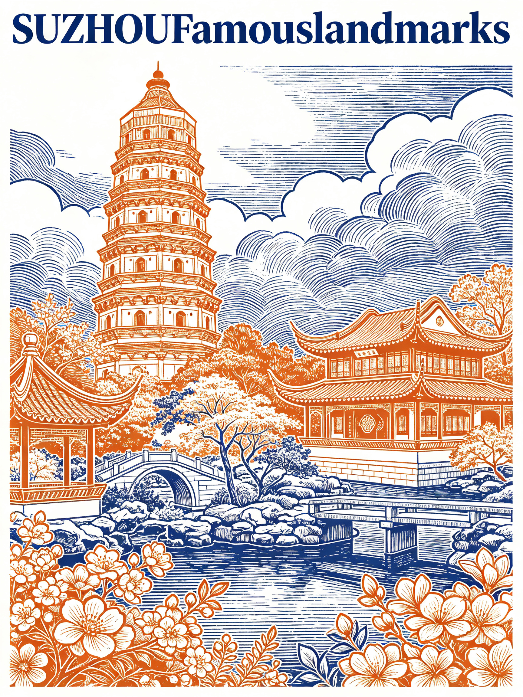 生成一张版画风格海报,图片转绘为凹版印刷线稿,视觉上接近PS阀值效果,剔除所有灰度,仅保留极致的明暗对比。 主体包含苏州地标建筑(橙色排线纹理)、传统虎丘塔与拙政园,搭配园林小桥、花木元素;背景是(蓝色排线纹理),整体… - AI提示词参考图,来自西西提示词