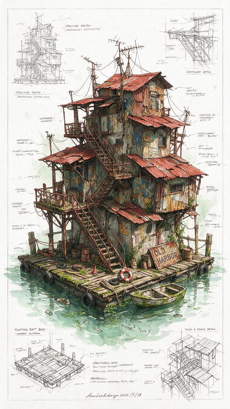 建筑概念设计总稿，白底手绘工程草图版式，画面中心主体为水上木排的一栋无序自发搭建的多层废土塔楼，野蛮生长又夸张式外接悬挑小屋、露天锈蚀钢结构外挂楼梯、错落生锈红色波纹铁皮屋顶，主体墙面是风化斑驳水泥墙，大面积锈迹、掉漆… - AI提示词参考图，来自西西提示词