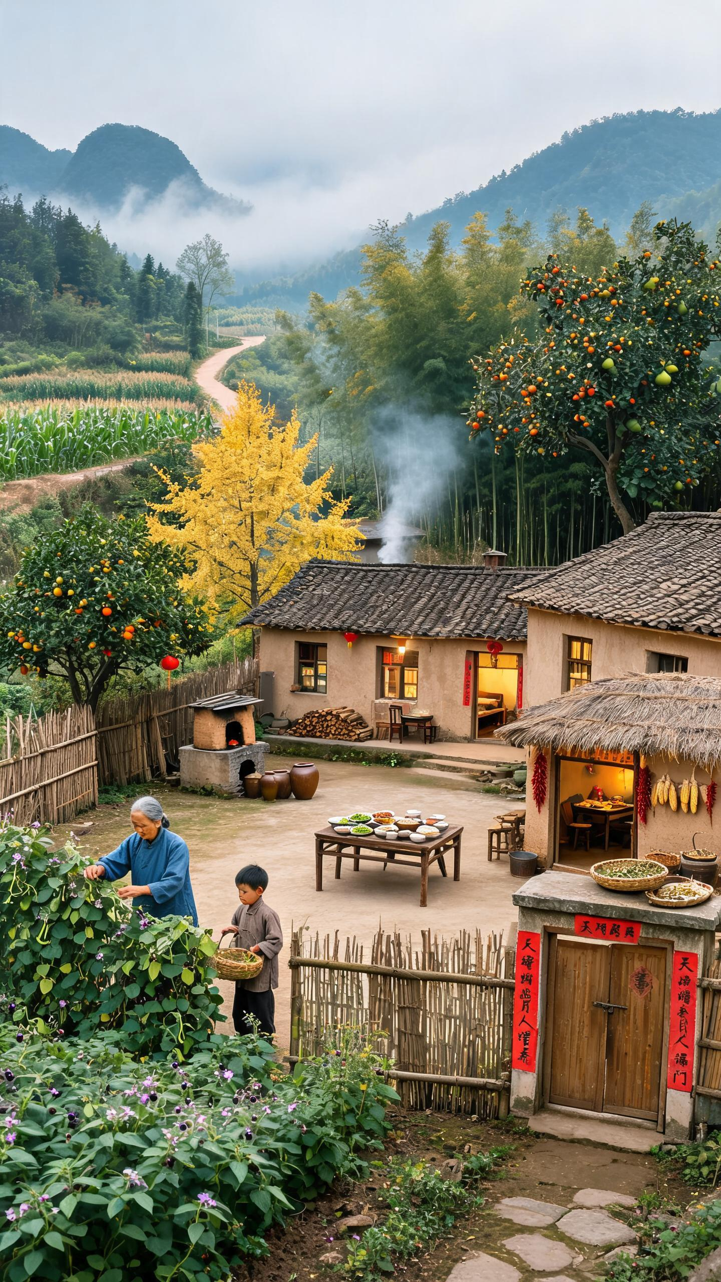 70年代中国农村小院里,篱笆围墙,小木屋,墙根小草野花,几个大小不一的陶罐,放在竹筐里晾晒的草药,高大的银杏树,还有一间茅草盖的厨房,房子里亮着灯,,桌子上有饭菜,墙上挂着红辣椒,玉米和干豆角等,,墙角放着整齐的木柴,… - AI提示词参考图,来自西西提示词