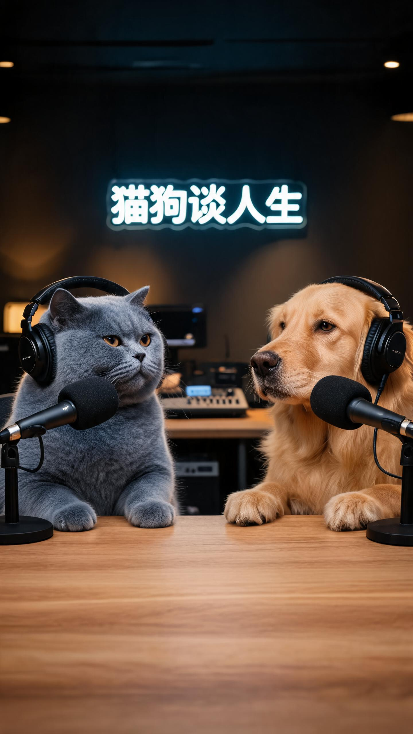 一只蓝胖子猫和一只金毛狗在录制播客的场景，一只可爱的蓝猫带着专业耳机和在画面左边，一只金毛狗画面右边，带专业耳机。前景是一张木纹桌子，猫咪和狗狗的前爪放在桌面上，有两个专业话筒分别对着猫猫和狗，平视拍摄，对称场景，背景… - AI提示词参考图，来自西西提示词