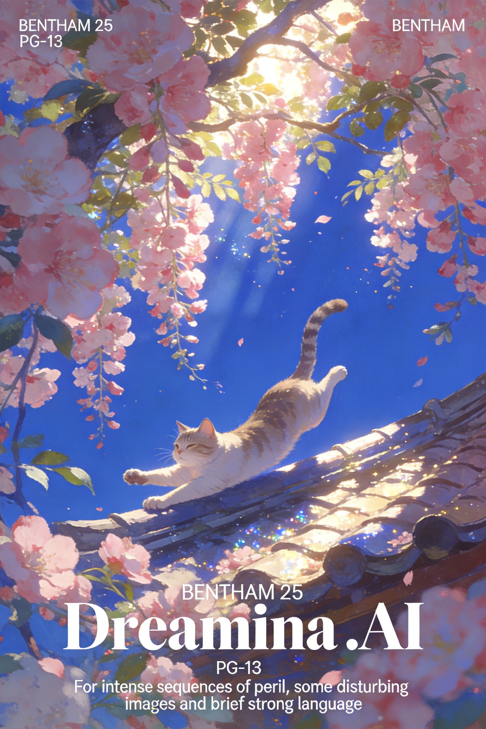 完美融入摄影技法+油画技法+3D技法，背景与前景形成鲜明的对比，画面背景是穆夏风格的花卉插画，单一的纯克莱因蓝色，呈现一片繁茂的桃花林，屋顶，猫咪伸懒腰，阳光透过枝叶的缝隙洒下，形成斑驳的光影，粉色的桃花挂满枝头，微风… - AI prompt reference from CC Prompt Galaxy