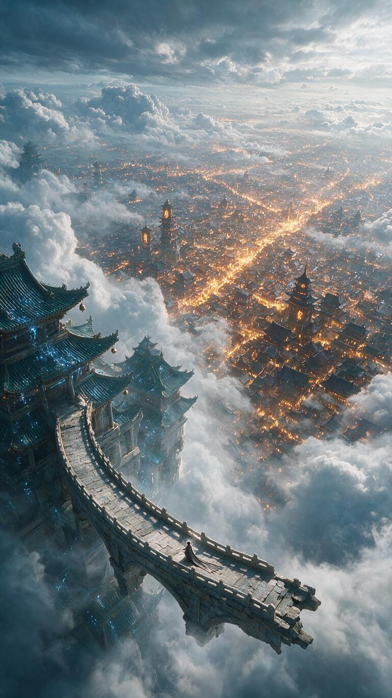 天宫断桥·俯瞰人间，科幻古风超现实概念艺术，8K超高清。9:16。 超广角俯瞰，镜头从天宫高处向下俯视。画面下方前景，一条巨大的中式断桥如长带横贯，桥面石栏残缺，桥头一端没入宫殿基座，另一端断裂悬于虚空。断桥环绕悬浮天… - AI提示词参考图，来自西西提示词