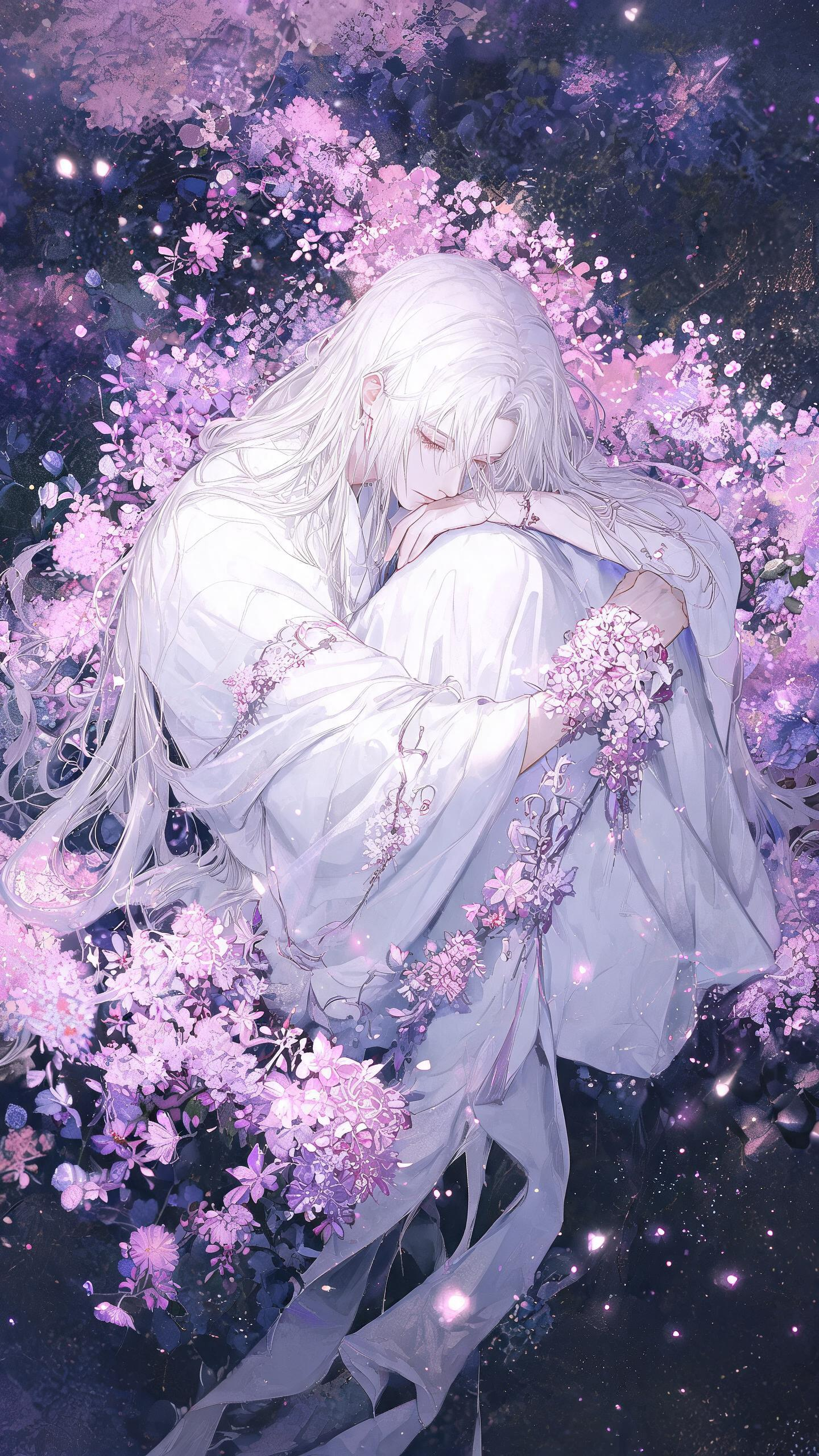 奇幻古风插画，华丽水彩，超现实，怪诞风格，画笔勾画细节，笔触细腻，肌理，柔焦，bjd，微闪，cg半厚涂，唯美手绘，超高清画质。 妖冶少年蜷缩着身子，模糊性别的美，白发白衫，粉紫花藤，微光粒子，发光 背景大面积的粉紫花，… - AI提示词参考图，来自西西提示词