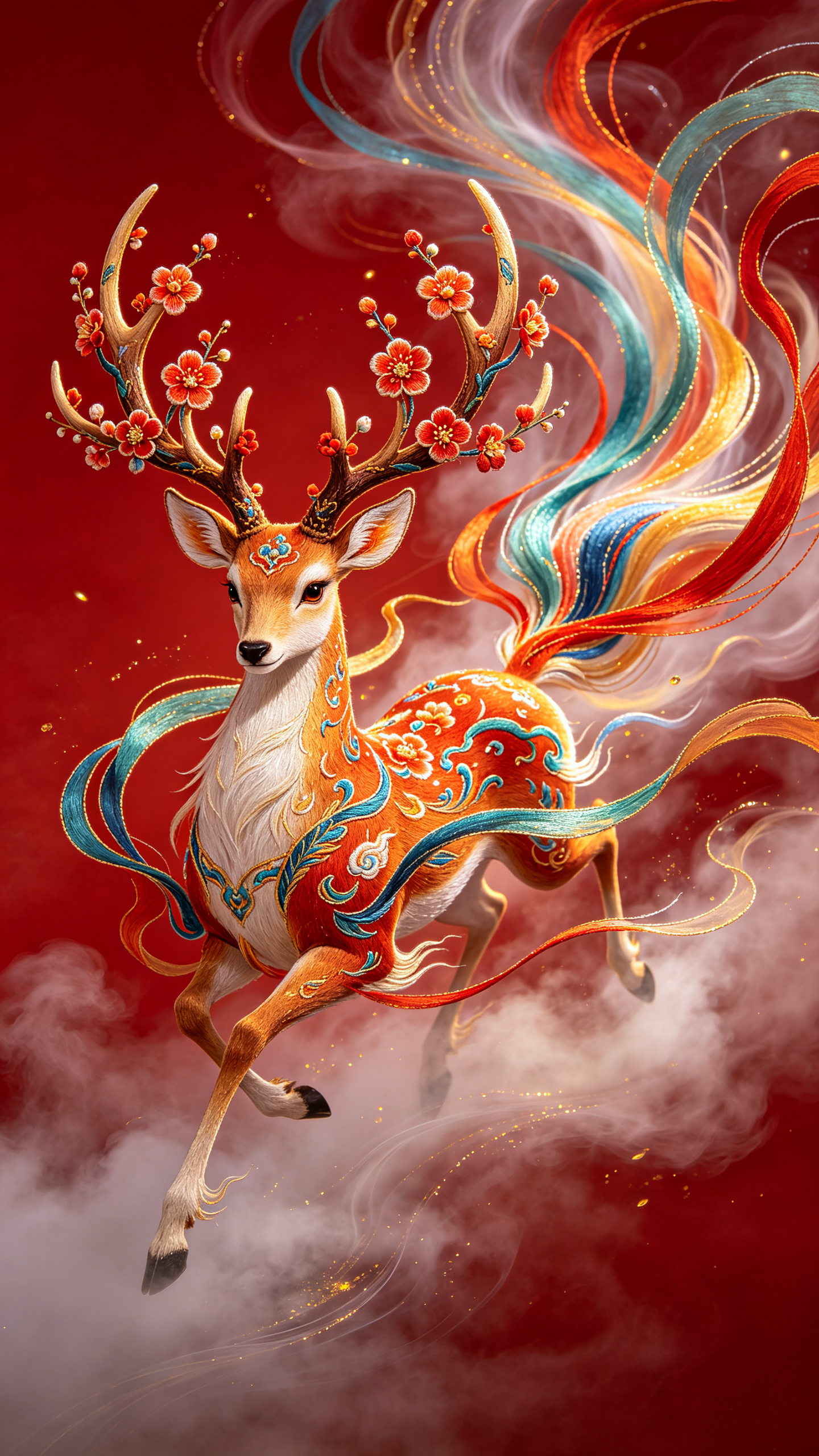 蜀绣风格，珐琅彩神鹿。正红色底。浓密绵长的彩绘线条环绕大神鹿，向后飘舞、流动，拉出残影，端庄、优雅、大气，大师级构图，细腻，泼少许稀薄飘逸彩烟大笔触，色彩渲染，背景正色红底，细节清晰，高分辨率。超广角强透视构图，张力十… - AI提示词参考图，来自西西提示词