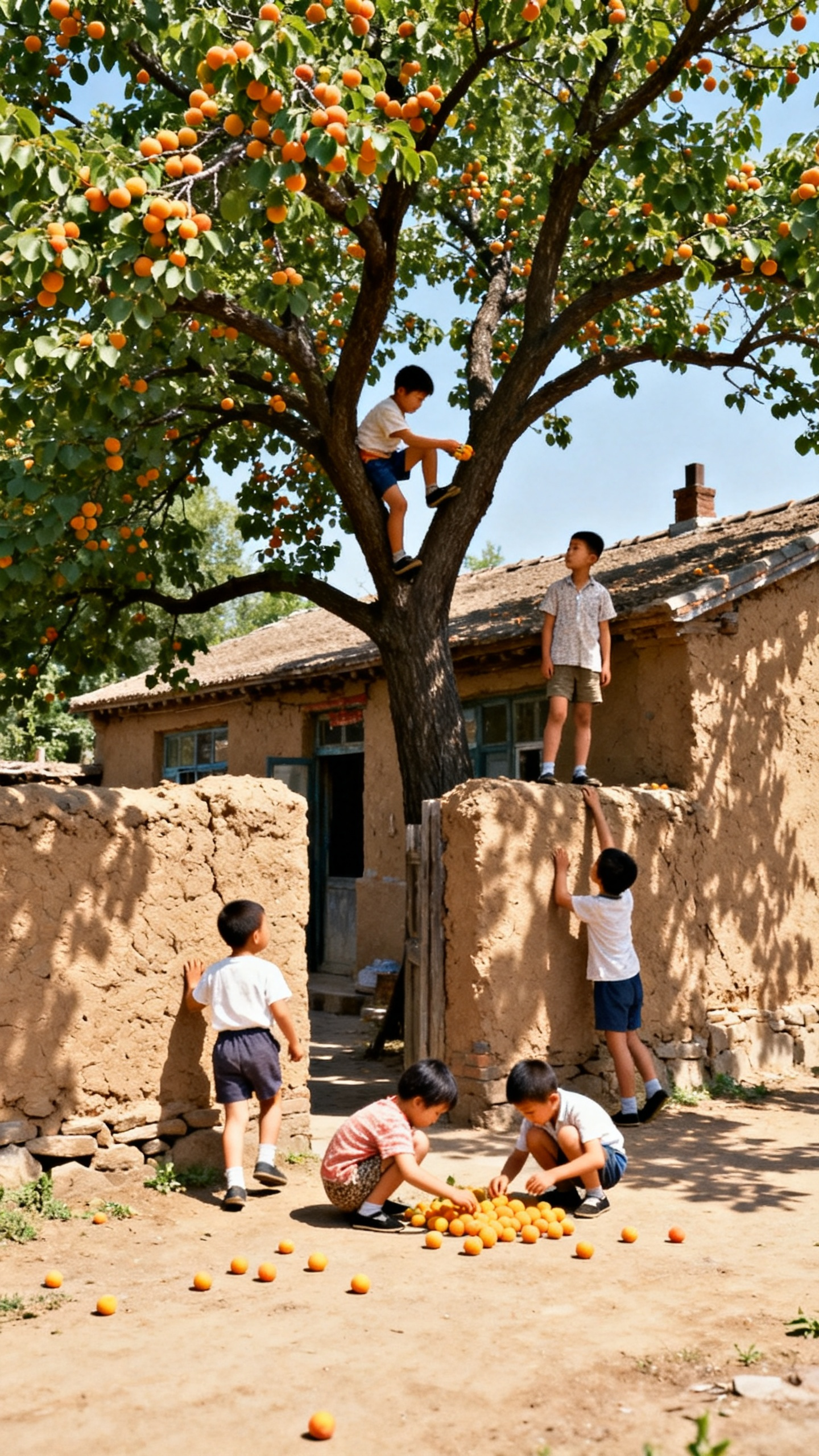 90年代东北农村,夏天的午后,天很热,几个小孩翻过墙头,来到邻居家,邻居家是土房子,房子后有一颗大杏树,有个小孩爬到树上摘杏,有的小孩在地上捡杏,还有个人小孩在墙头上放风, - AI提示词参考图,来自西西提示词