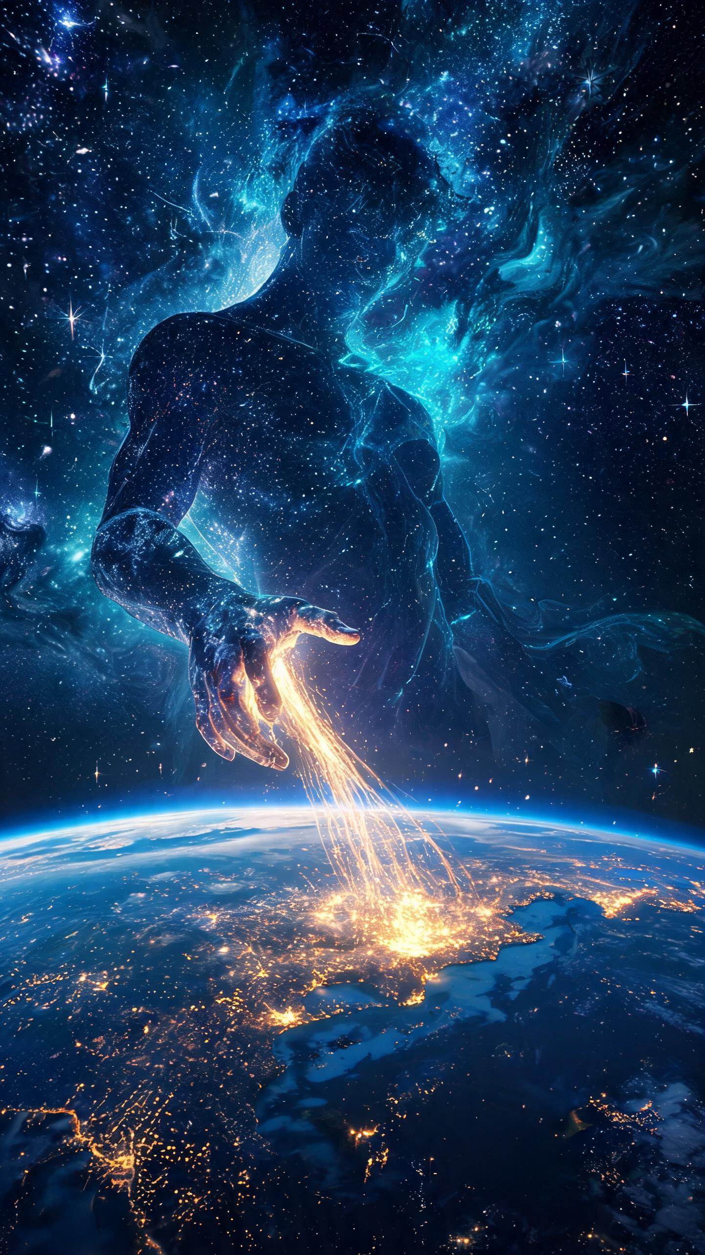 主体形象：画面中心是一个由星云、星尘和能量流构成的巨大人形轮廓。它没有实体，而是由宇宙中的物质和能量凝聚而成，仿佛是宇宙意志或神性的化身。它的头部隐没在深邃的星云中，一只巨大的手正伸向下方的地球，掌心有金色的能量倾泻而… - AI prompt reference from CC Prompt Galaxy