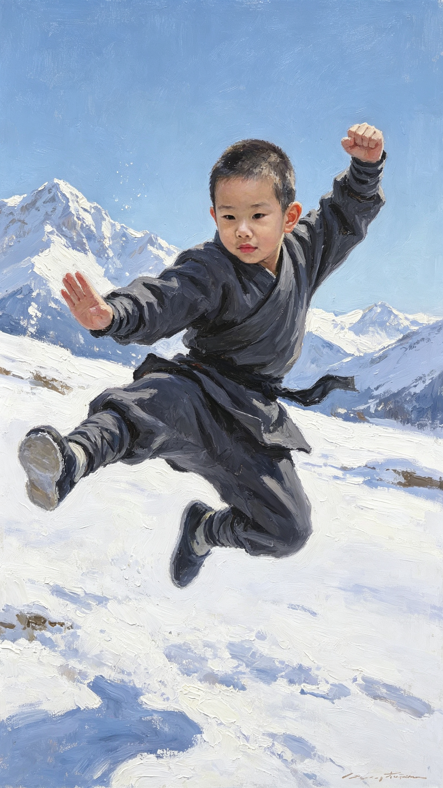 ##小男孩，身着暗灰色服装，在空中做出高难度武术动作，背景为雪地，远处是雪山，传达出激昂、战斗的氛围，体现经典艺术的魅力。油画写实风格明色调， - AI提示词参考图，来自西西提示词