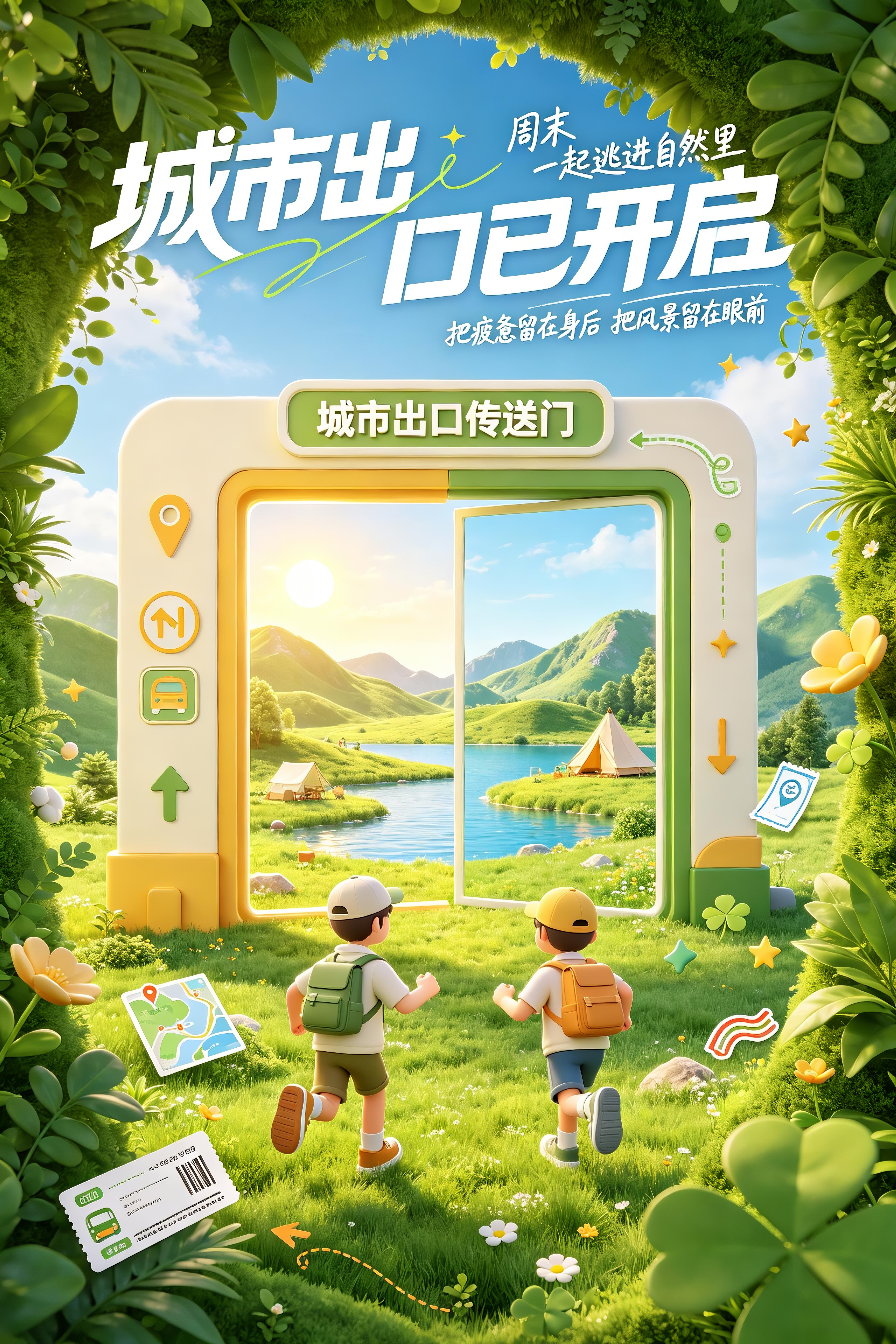 周末出逃主题：城市出口已开启 创意点 这是更偏泛用型、非常适合近期内容营销的主题。 核心创意是：从城市的出口，一步跨进自然。 中心主视觉可做成巨型地铁出口 / 车票门 / 城市与自然的切换入口，很有记忆点。 适合文案 … - AI prompt reference from CC Prompt Galaxy