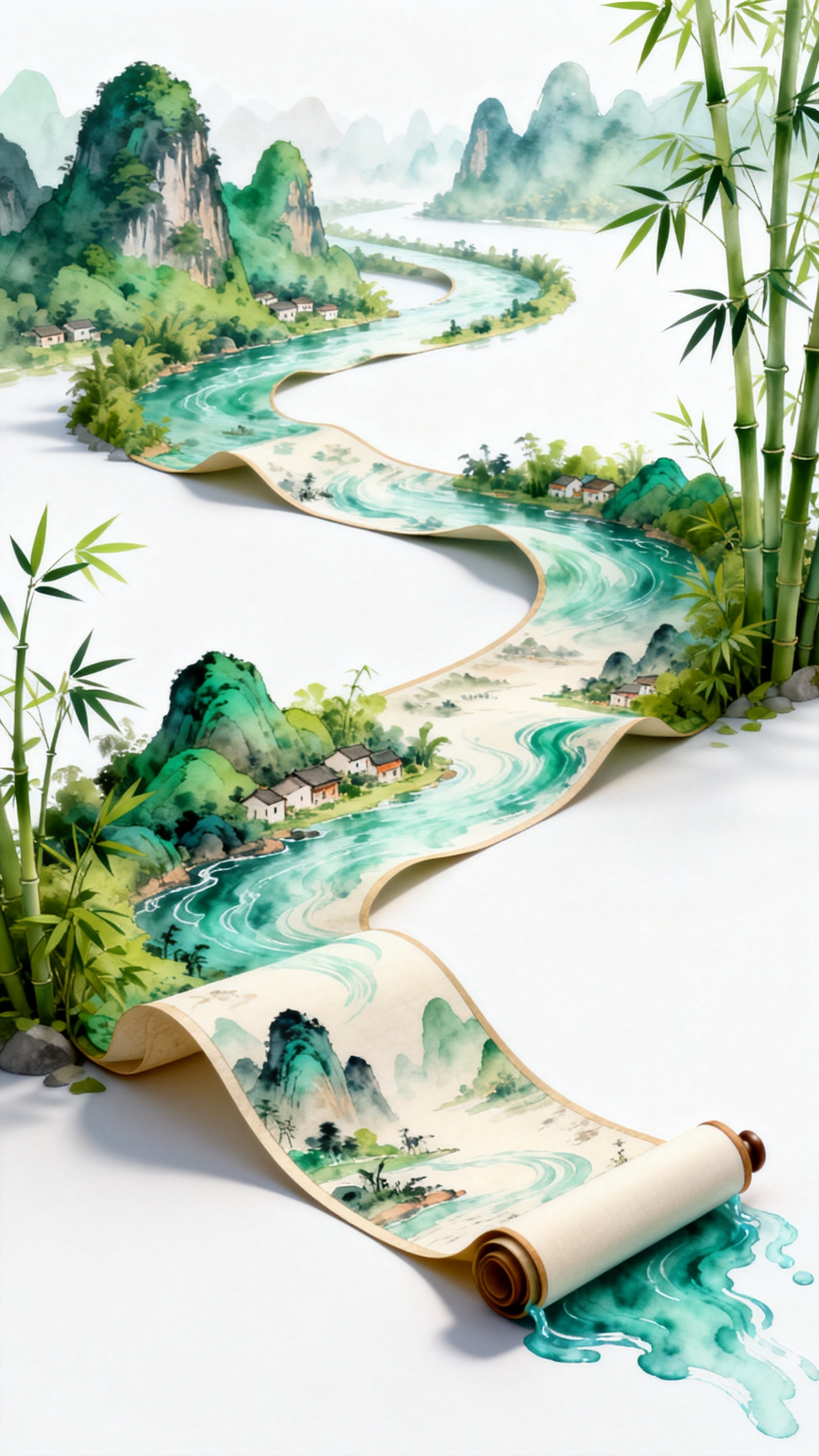 插画设计。纯白背景上的立体插画：百米长卷蜿蜒，桂林山水画卷，桂林漓江流水丹青，两岸青山绿水 ，翠竹，小山村，，国风风格，立体质感，有水溢出。明亮色彩，高级晕染。 - AI提示词参考图，来自西西提示词