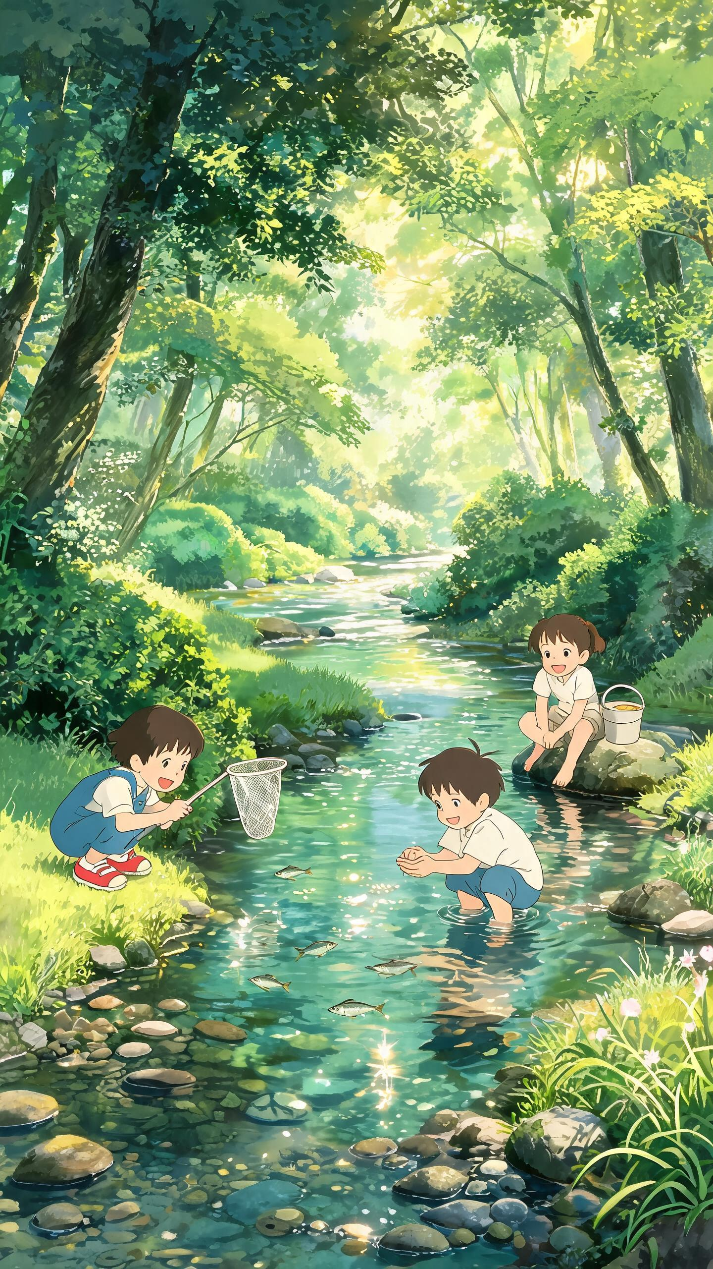 宫崎骏风格的超写实森林小溪场景，画面以清新的绿色为主色调，展现出一片生机勃勃的森林背景。一条清澈见底的小溪蜿蜒流淌在画面中央，溪水在阳光的照耀下闪烁着粼粼波光。溪边有几个活泼可爱的小朋友，正兴奋地在小溪里捞鱼，他们的脸… - AI prompt reference from CC Prompt Galaxy