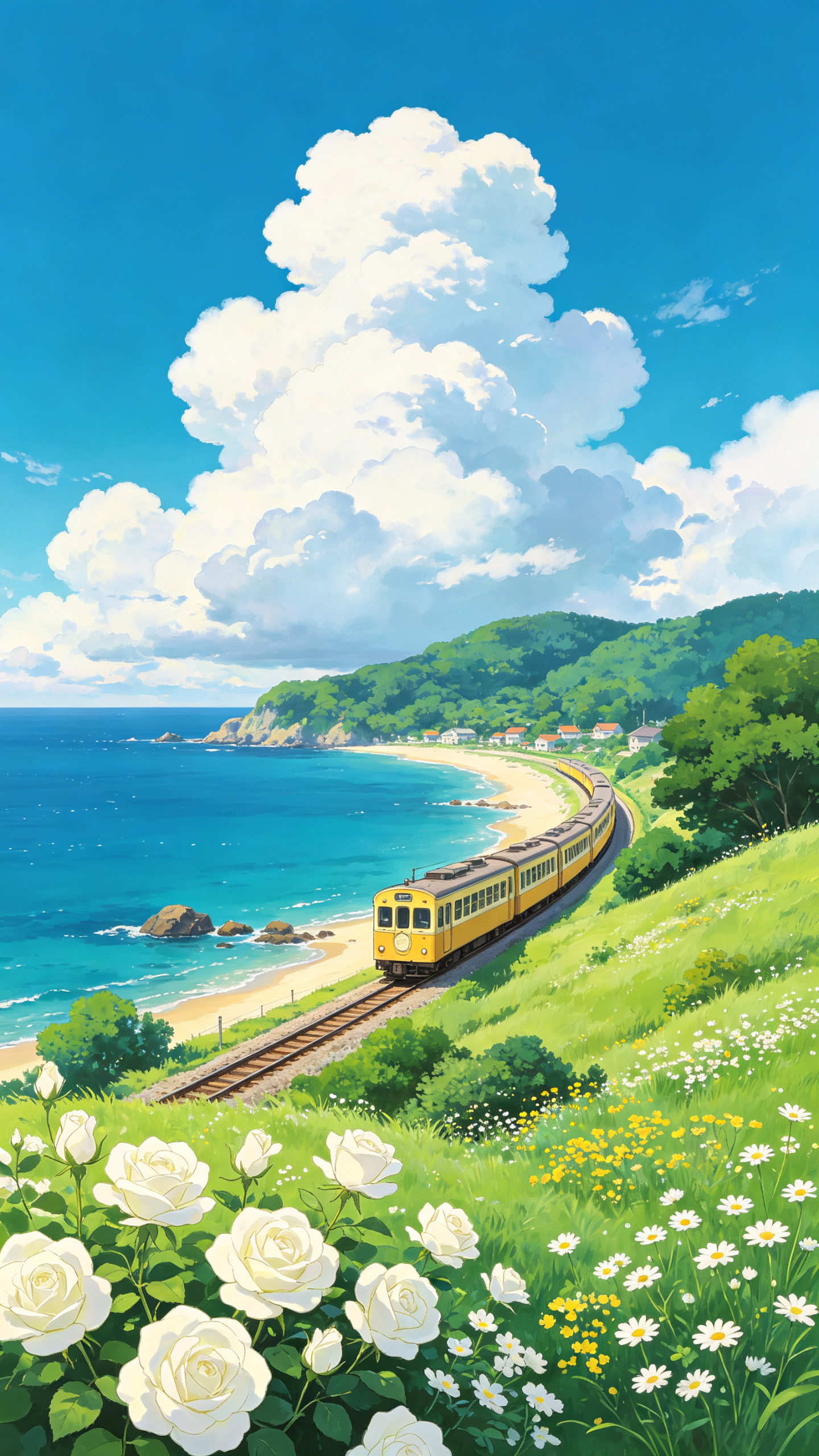 吉卜力宫崎骏动漫风格，治愈清新插画，夏日海边山坡景色，明亮澄澈的湛蓝色天空，大朵蓬松立体的白色积云，辽阔蔚蓝大海，沿岸礁石与浅金色沙滩，一列复古黄色有轨电车沿着海岸轨道向前行驶，前景山坡长满茂盛绿草，大片白色玫瑰花、白… - AI prompt reference from CC Prompt Galaxy