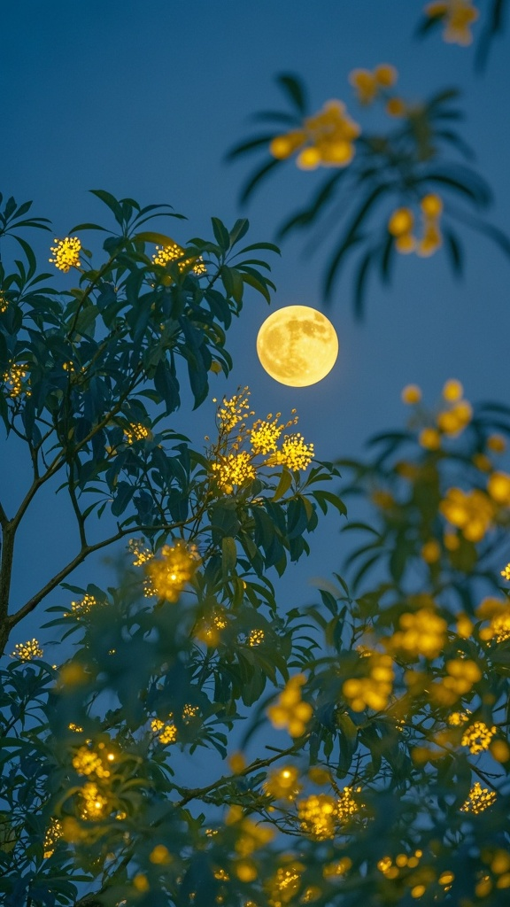 月光洒落枝头,天高,仰拍透过树枝有圆月,荧光花树,星星。 - AI提示词参考图,来自西西提示词