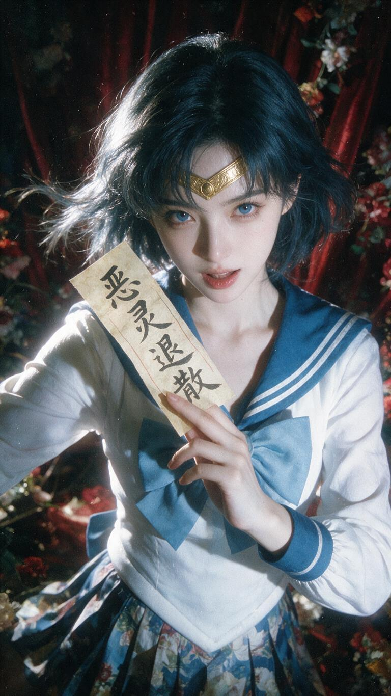 真人化美少穿表色多扣衣服的女性水野亚美符咒写真，东亚美少女，美艳动人，还原角色金色浮雕额饰，蓝灰色瞳，身着蓝白长袖水手服造型，胸前大蝴蝶结装饰，百褶印花裙，手持‘恶灵退散’符咒道具，背景是红帘暗调场景，风格神秘冷艳，精… - AI提示词参考图，来自西西提示词