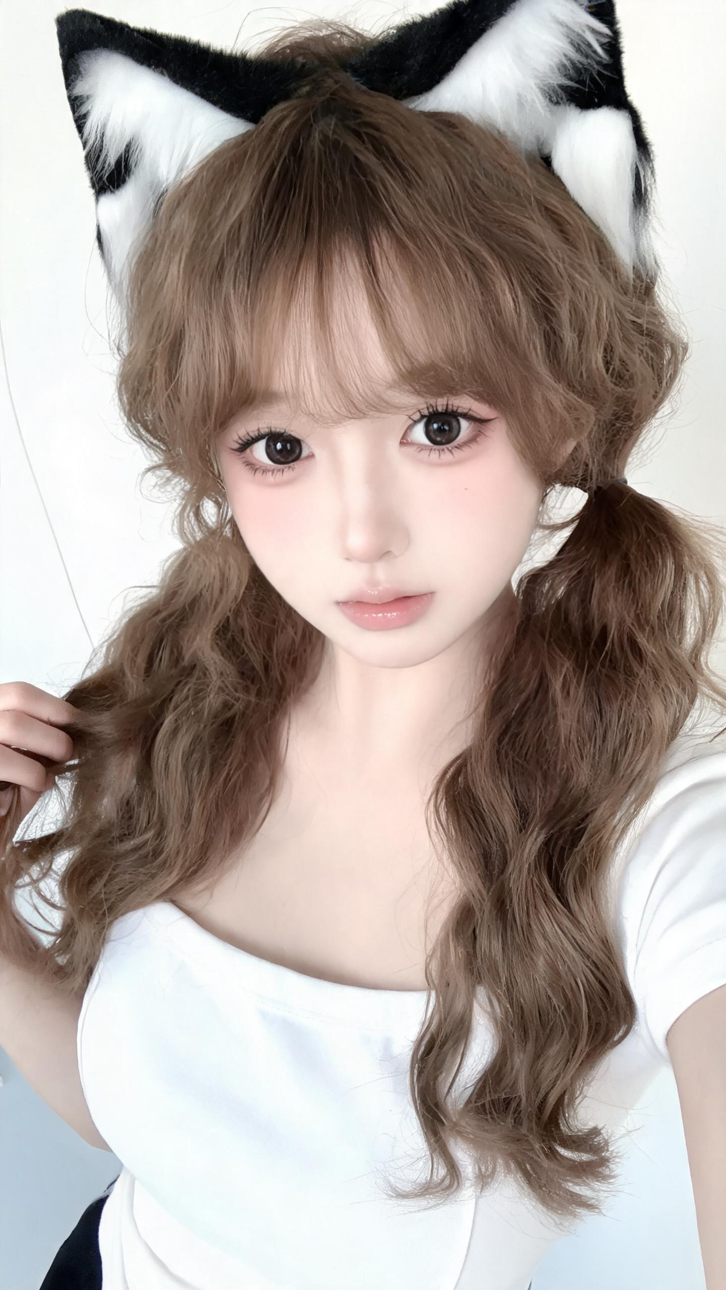 纯白室内软萌自拍头像，浅棕羊毛双马尾少女，头顶黑白毛绒猫耳发箍，轻薄空气齐刘海；圆润无辜狗狗大眼，饱满蓬松卧蚕，通透深黑水润瞳孔，根根分明超长太阳花睫毛，淡粉伪素颜眼妆，眼神软萌清澈，眼部细节极致清晰；身穿简约白色方领… - AI prompt reference from CC Prompt Galaxy