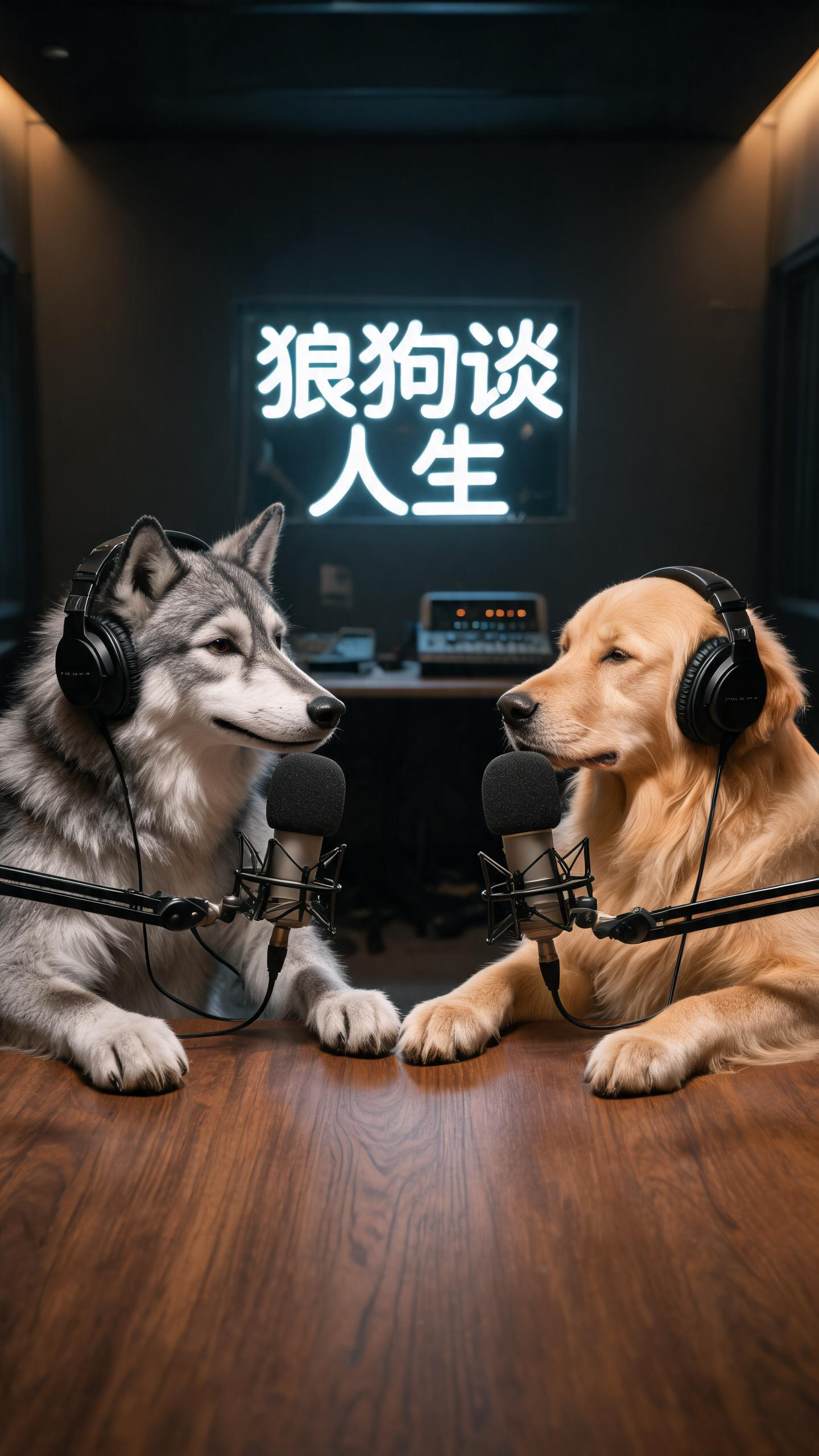 一只大灰狼和一只金毛狗在录制播客的场景，一只可爱的大灰狼带着专业耳机和在画面左边，一只金毛狗画面右边，带专业耳机。前景是一张木纹桌子，灰狼和狗狗的前爪放在桌面上，有两个专业话筒分别对着灰狼和狗，平视拍摄，对称场景，背景… - AI提示词参考图，来自西西提示词