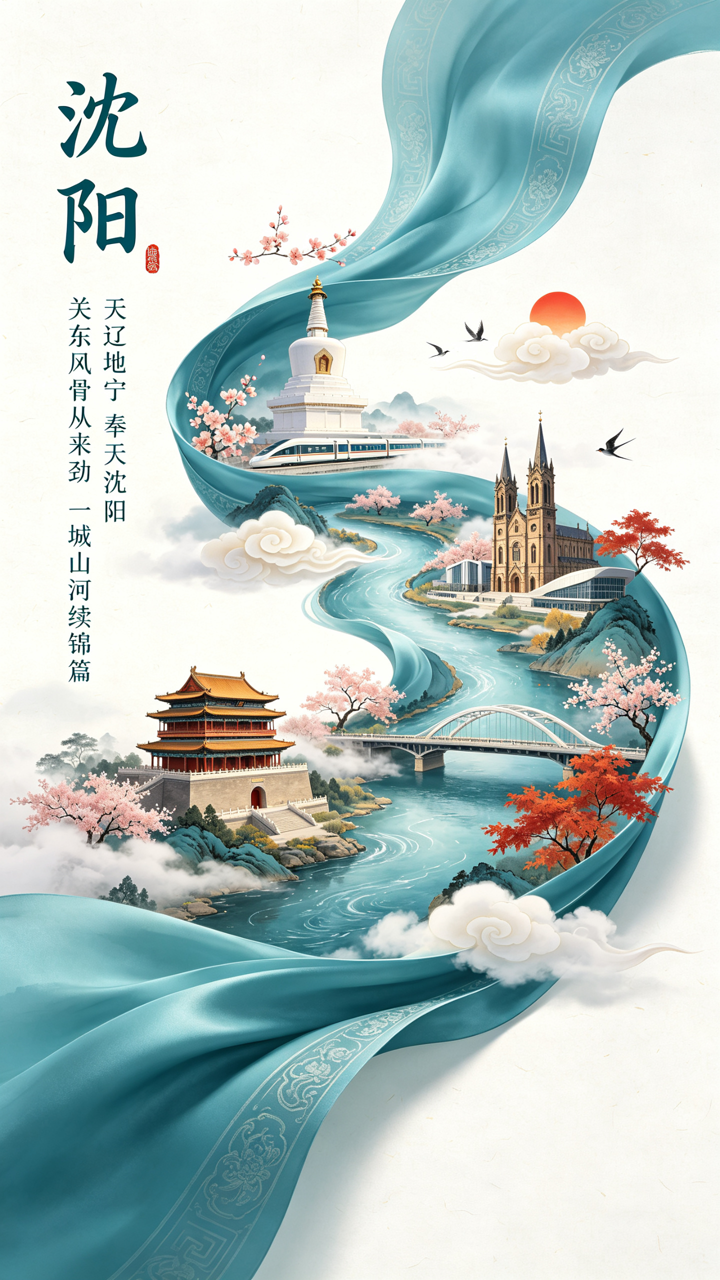 2026沈阳文旅宣传海报，充满新春喜庆氛围但不失高雅格调，国潮新中式水墨风格，S型流动构图，双重曝光效果。纯白带细微纹理的宣纸背景，正挥舞着一条长长的湖蓝色丝绸舞带，湖蓝色绸带有精致的传统暗纹，丝绸质感柔顺飘逸，在空中… - AI提示词参考图，来自西西提示词