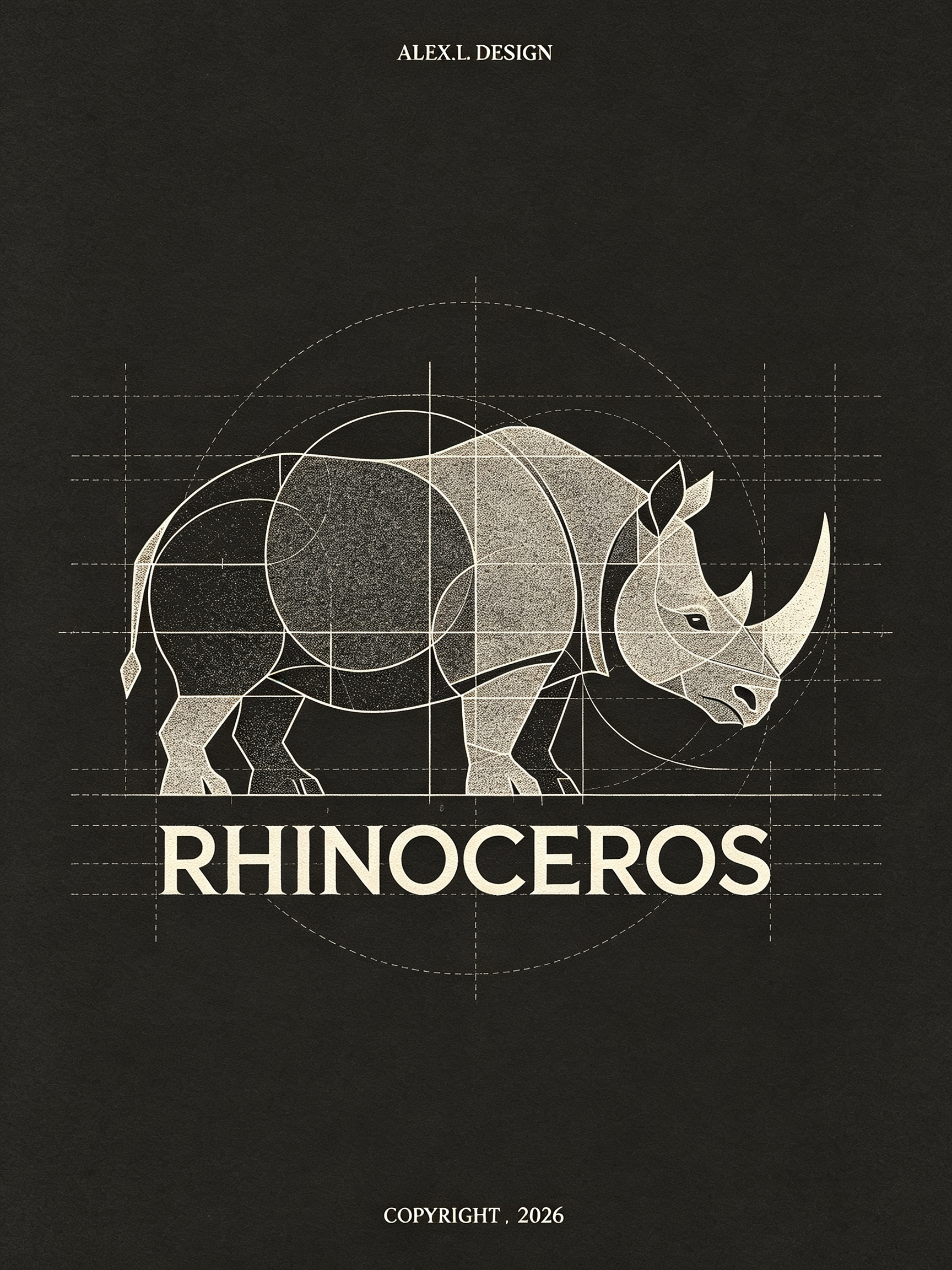 包豪斯设计风格画稿，在肯特纸上，以“RHINOCEROS”犀牛为设计元素的LOGO设计，居中，构图以极简主义美学为标志，暗黑平面，复古的黑白灰配色，画面中央由圆弧、直线、锐利切角结构组成，几何、圆、线条交织，采用模块化… - AI提示词参考图，来自西西提示词