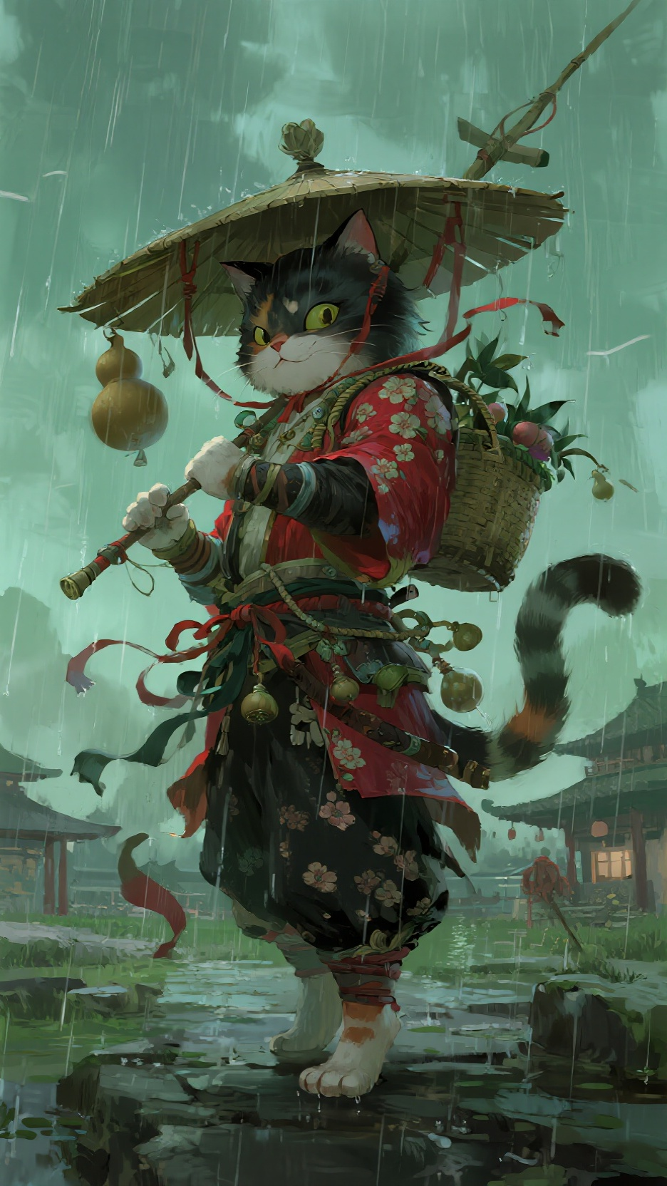 暗黑插画，张扬，青，绿，红，黑，阴暗画风，线条张力，撞色插画，线条张力展现画面冲击力 大师素描干净排线，精美，粗犷的绘制风格，随机构图，震撼感，一个融合奇幻与东方元素的艺术形象创作。呈现出花猫王子奇异生物，带有斗笠、葫… - AI提示词参考图，来自西西提示词