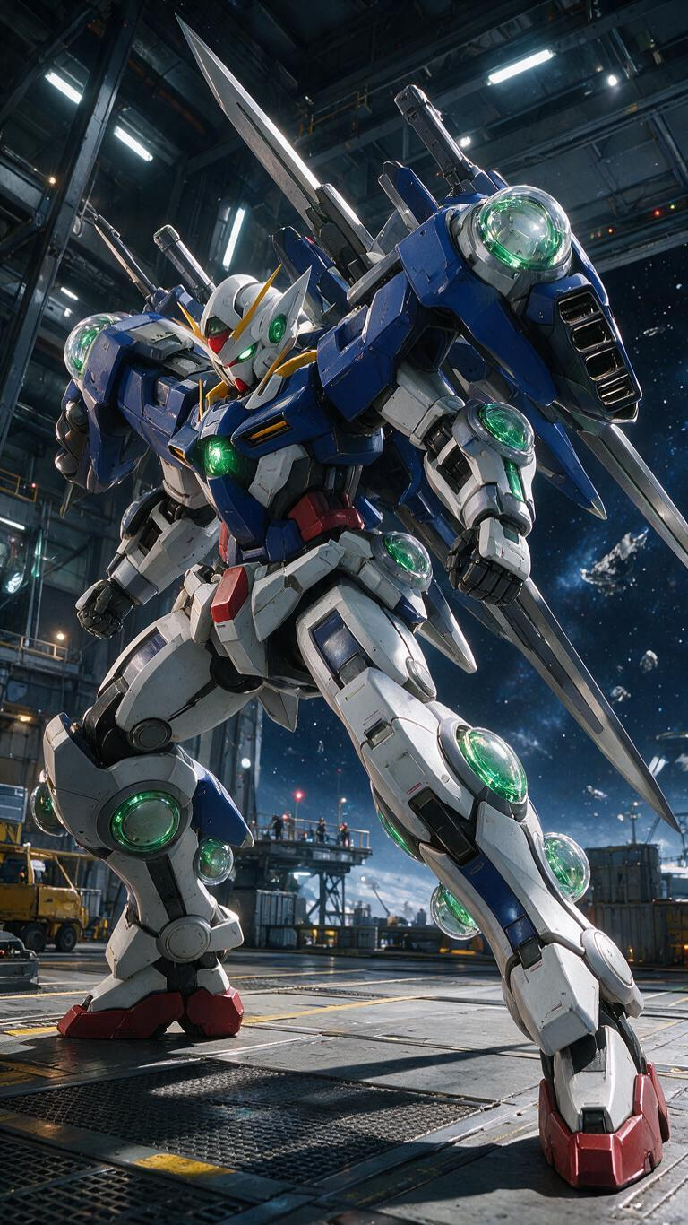 一台GN-001/hs-A01 雪崩型能天使高达（Gundam Avalanche Exia），以白、蓝、红、黄、绿为主色调。机体呈现经典的备战站姿：一腿大角度弯曲向前跨出，另一腿向后伸直，重心压低，上身微微前倾。全身… - AI提示词参考图，来自西西提示词