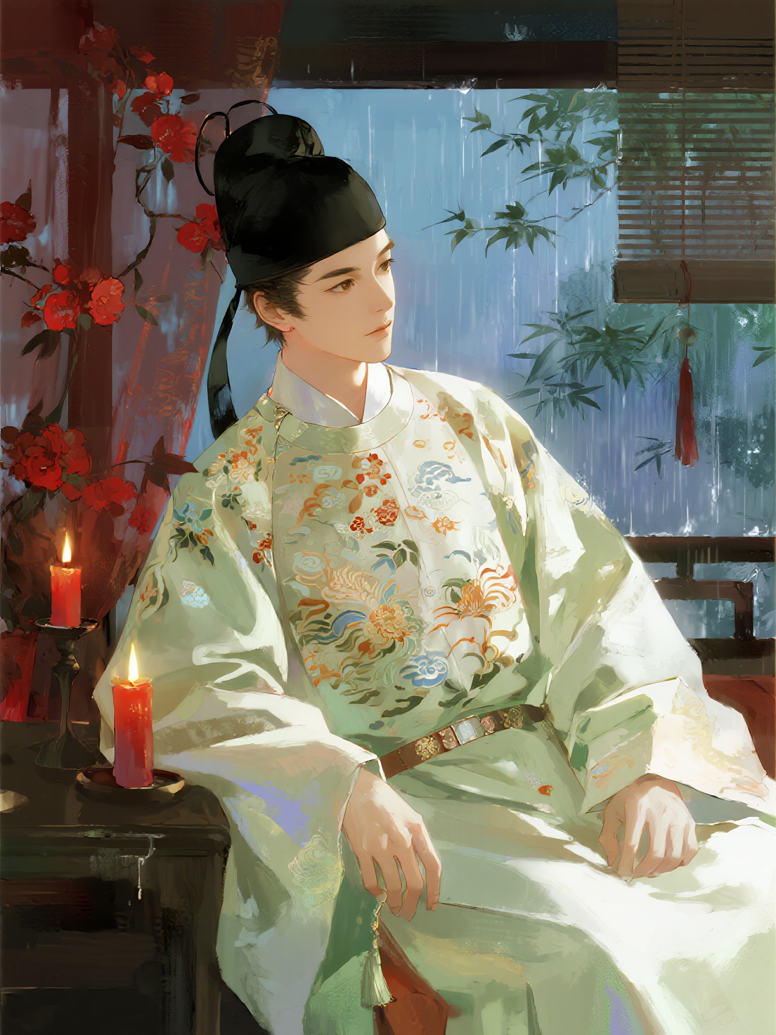 国风油画重彩插画，极繁主义，极致表现力，细节完美，大师杰作。中国少年，男性，戴黑布幞头，身穿繁复华丽圆领袍，随机季节，红烛昏罗帐，窗外雨潺潺，画面干净，色彩丰富，全身像，大师级打光，随机姿势，随机视角构图， - AI提示词参考图，来自西西提示词