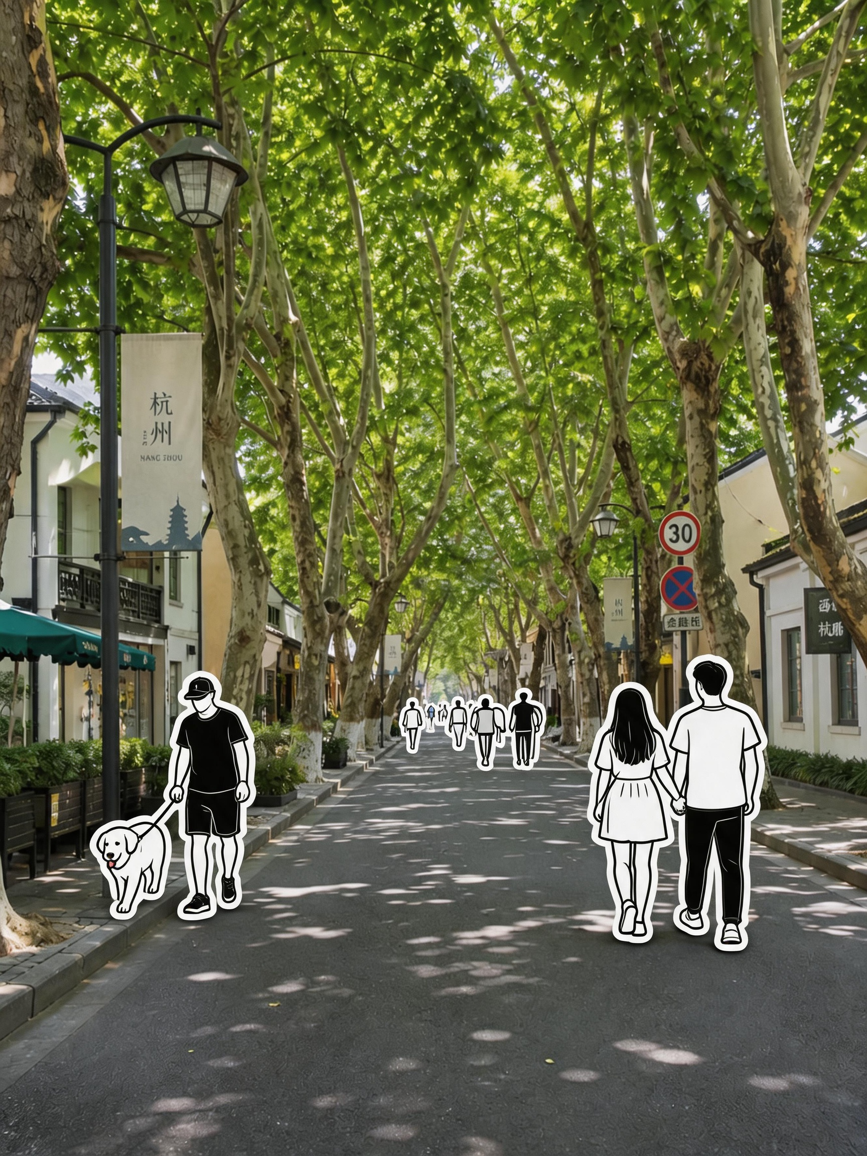 ##保持原图实景完整不变，不修改任何真实场景、光影与环境质感。画面中的人物则处理成极简黑白单线人物模切贴纸，以粗黑色线条勾勒轮廓，辅以少量纯黑色块表示阴影，全部为纯黑白配色，无任何渐变。每张人物贴纸自带一圈白色裁切边，… - AI提示词参考图，来自西西提示词