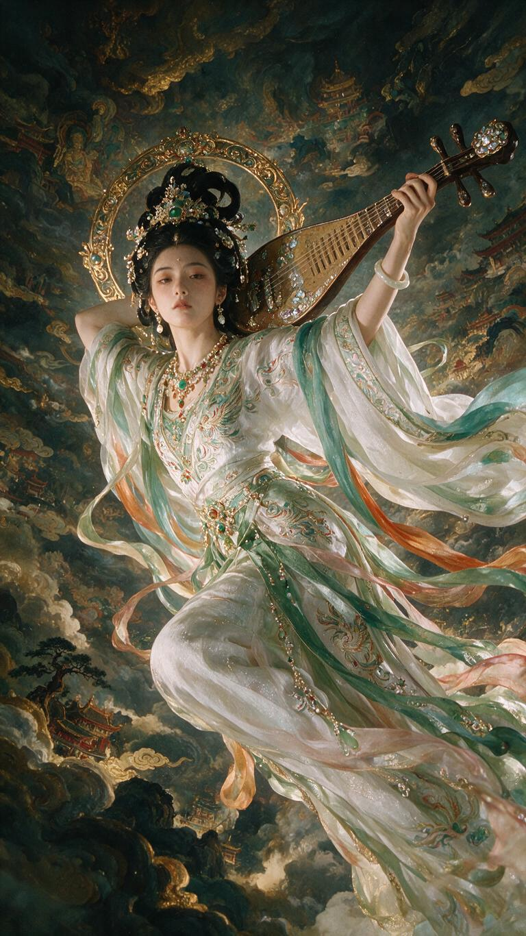 胶片摄影，镜头语言，淡彩，个性视角，美人，白色浅绿色面料，明朝服饰，唐装，对襟，复杂高髻，发冠，发饰繁复华美，首饰华丽，服饰精致繁复华丽，细节丰富，光线明暗交接，高对比度，高颜值，光，层次丰富，朦胧美学，光的美学，油画… - AI提示词参考图，来自西西提示词