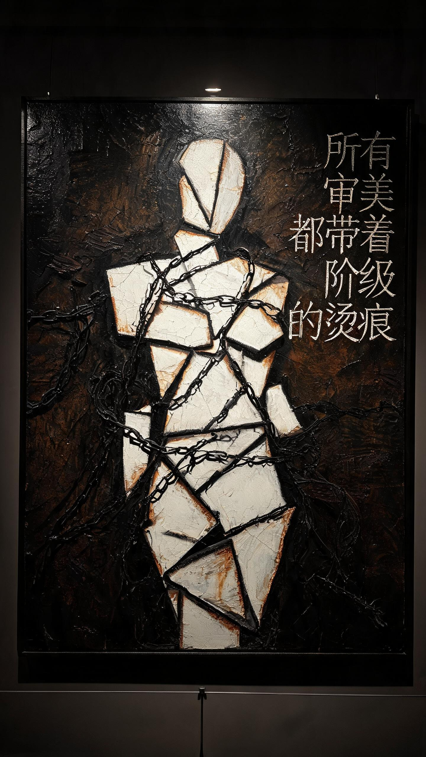 一幅巨幅布面综合材料抽象表现主义绘画，粗粝的黑色油画颜料通过多层厚涂与刮擦形成锈蚀金属质感。解构的人形由锐利的白色硬边几何块面构成，边缘呈现烧焦炭化痕迹，置于压迫性的深色背景中。扭曲的墨黑色线条如同撕裂的薄纱或锁链，如… - AI提示词参考图，来自西西提示词