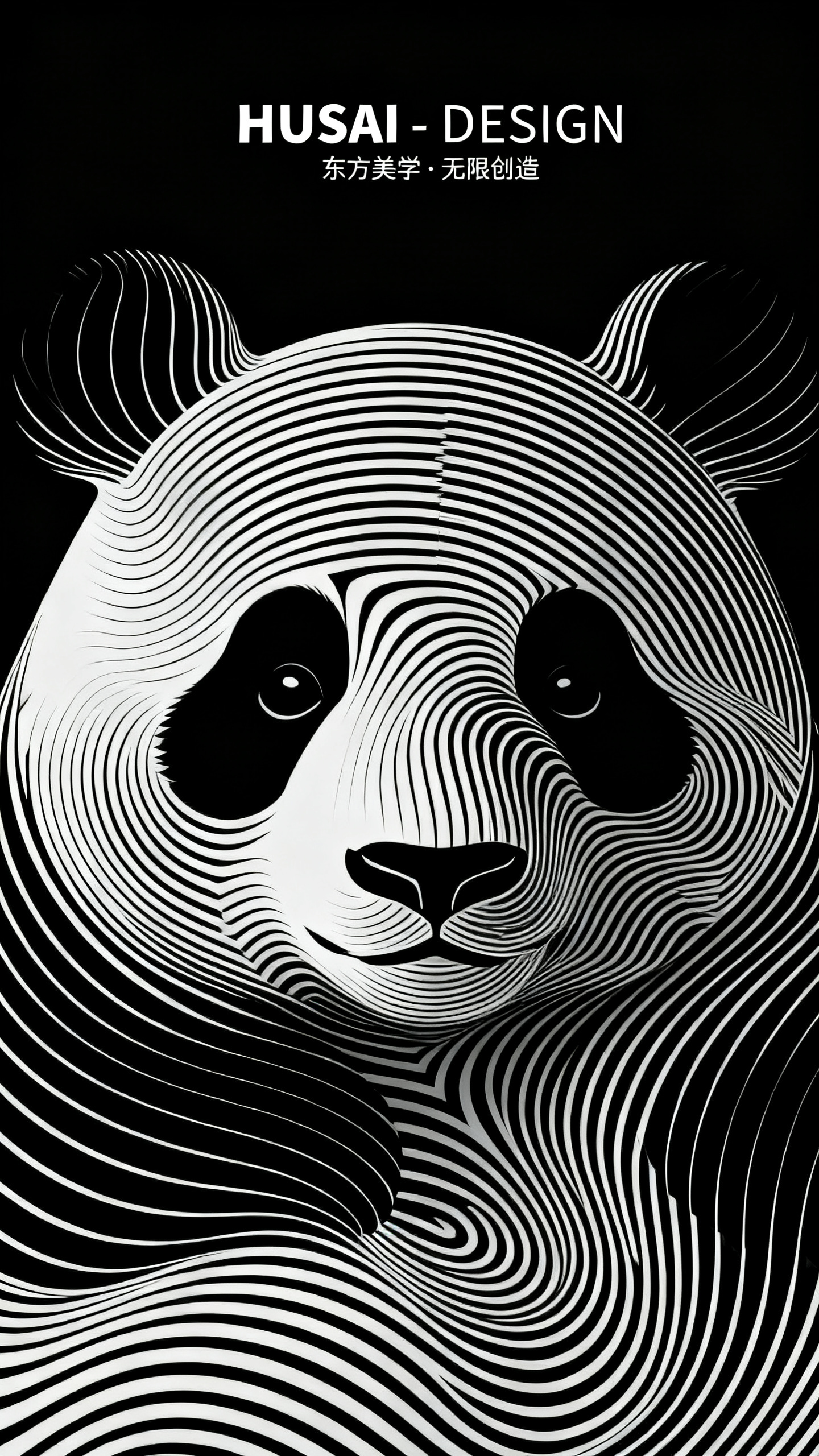 欧普艺术风格，强烈的平面设计感，竖版画幅，平面视角。背景设定为纯黑色，但被巨大的、由细密白色水平波浪线条构成的疯狂状态的熊猫形象，通过线条的位移和扭曲形成，呈现出动态干扰的错视效果，构成了画面的主要视觉纹理。整体光影色… - AI提示词参考图，来自西西提示词