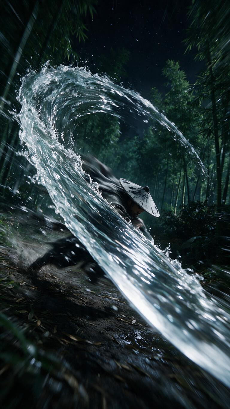UE5渲染，Blender建模，超写实，黑夜竹林，远景，水墨风斗笠披风武林高手，不规则流动的动态水流能量刀身，倾斜贴地前冲，人物因为速度呈现运动模糊，全力向上劈砍招式，整把刀因为速度而完全从左上到右下运动线的运动模糊，… - AI提示词参考图，来自西西提示词
