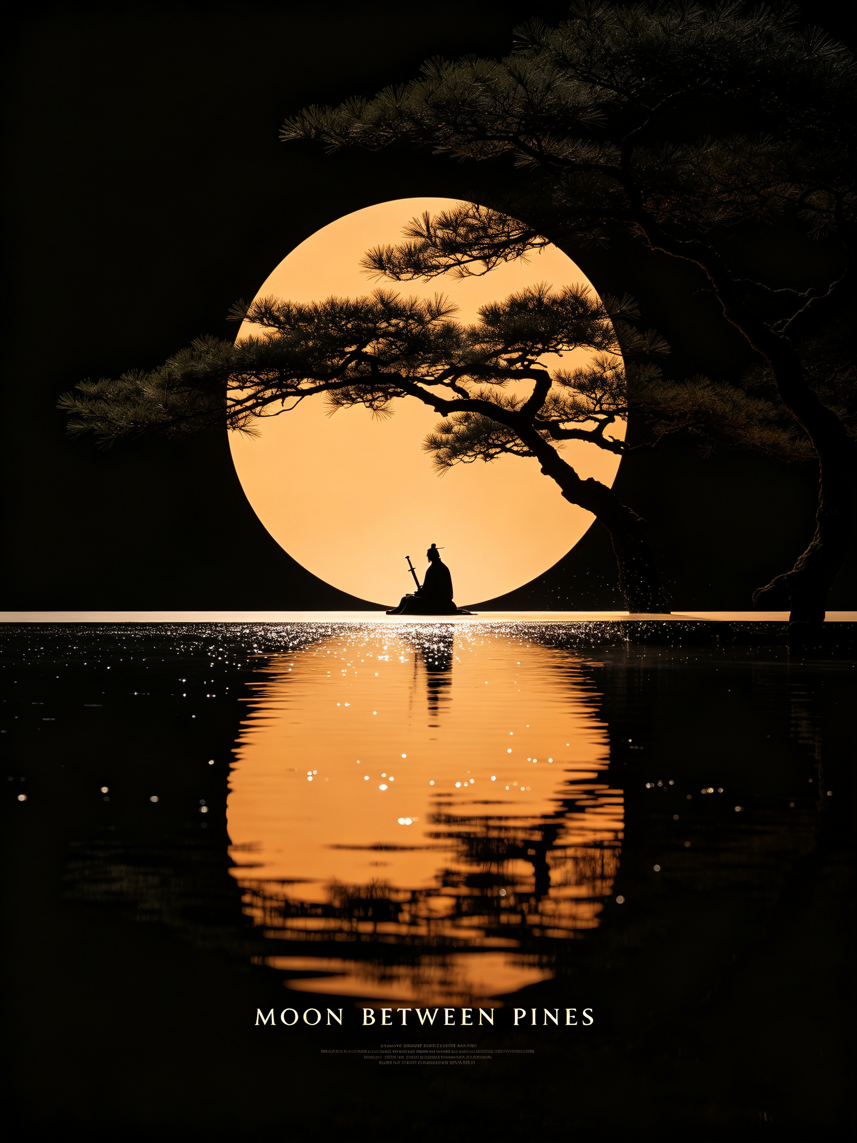 东方武侠电影海报，松间夜冷银弱光光影，水平线分割极端极简构图，虚实悟道层次叙事。92%大面积墨黑极致留白，圆形月亮精确位于画面水平中线，圆月与下方湖面倒影形成天然双圆双生形态，剑客极小剪影倚松斜坐仅露出剑柄轮廓，月光从… - AI prompt reference from CC Prompt Galaxy