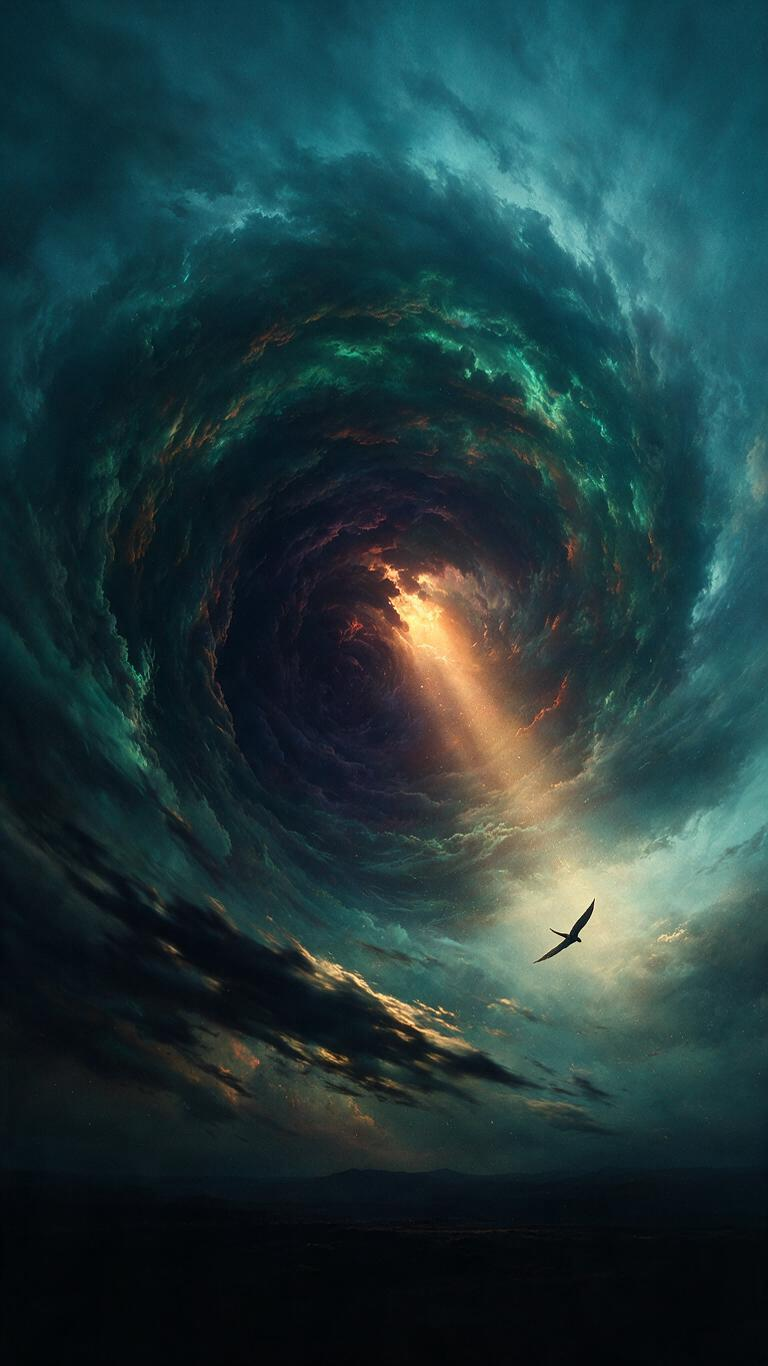 横构图，Dan Gartman风格奇幻插画，摄影级云质感。 画面上方巨大的漩涡云团占满三分之二画面，云层像海浪般翻涌旋转，从四周向中心汇聚。云分四层：最外层深青蓝薄云弥散，中间层浓云翻滚夹杂青绿与暗橙，漩涡中心最深处是… - AI提示词参考图，来自西西提示词