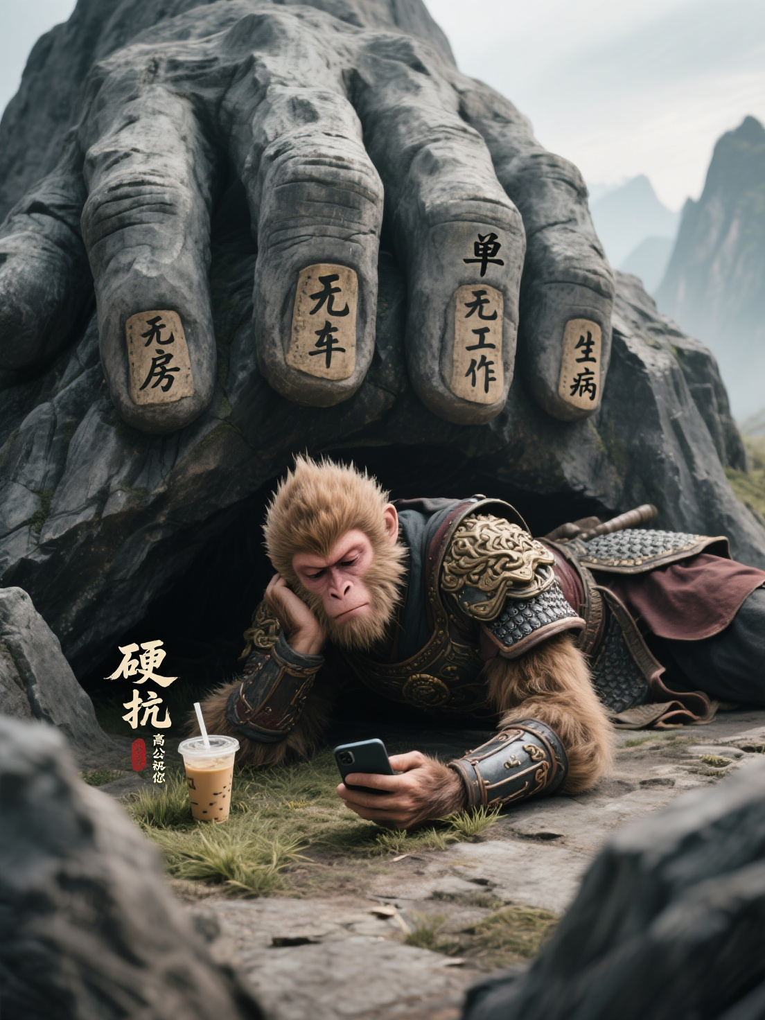 武侠大电影风格，灰色氛围，被压在五指巨山下只露出被毛全覆盖的上半身的趴着的孙悟空一只手托着下巴，下半身完全被巨山覆盖住（图片中并不显露出来），一只手在无聊地玩着手机，地上摆放着一杯奶茶和种地吃草，表情无奈，五指巨山的每… - AI提示词参考图，来自西西提示词