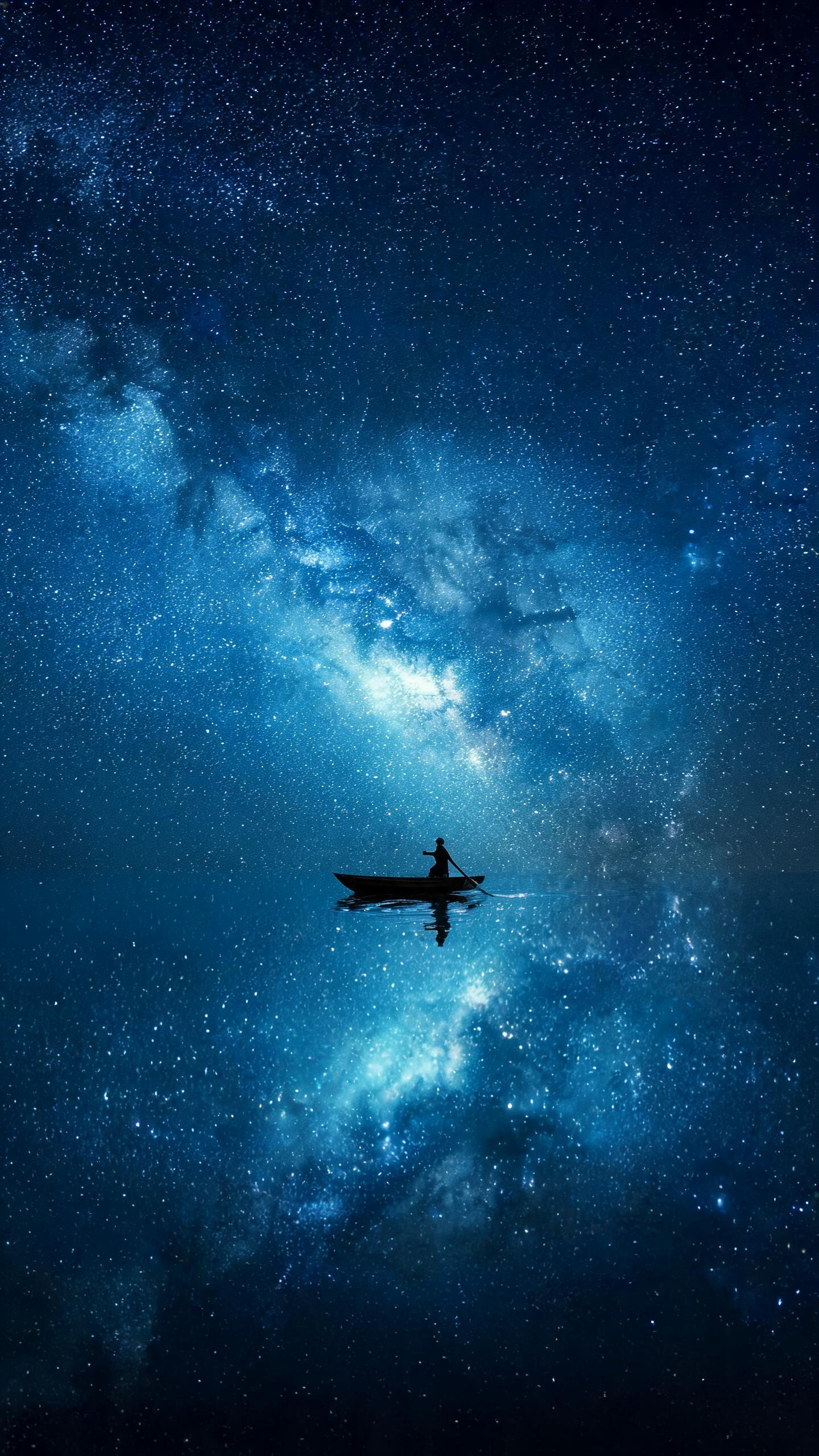 满天的繁星。一条银河，横贯，呈波浪形。深空中，靠近星河中心偏青白，边缘向深蓝和墨黑过渡。水面倒映着星河。 一个人划着一条小舟，在银河正中间。船很小，人更小。桨划过水面，揉碎了倒影里的几颗星。 没有岸，没有山，没有远处的… - AI提示词参考图，来自西西提示词
