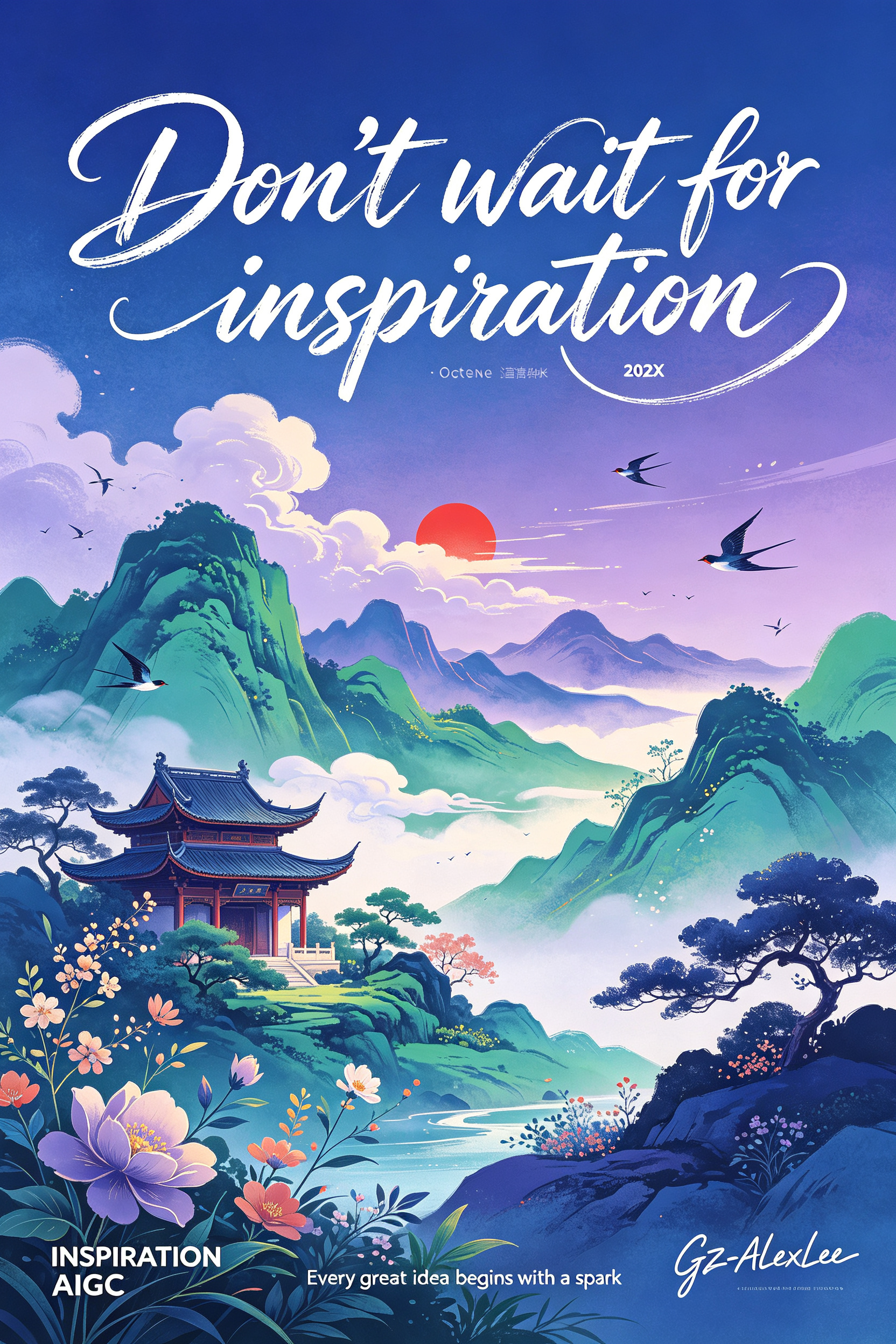 插画风格，营造出清新、灵动且充满东方诗意的氛围，画面中，蓝色紫色为主色调，描绘出远山、流云的形态，还有红色的小太阳与花花草草 飞鸟点缀，以绿调绘远山流云，点缀红阳、飞鸟 中式建筑，充满清新灵动的诗意美感的意境，仿佛能让… - AI提示词参考图，来自西西提示词