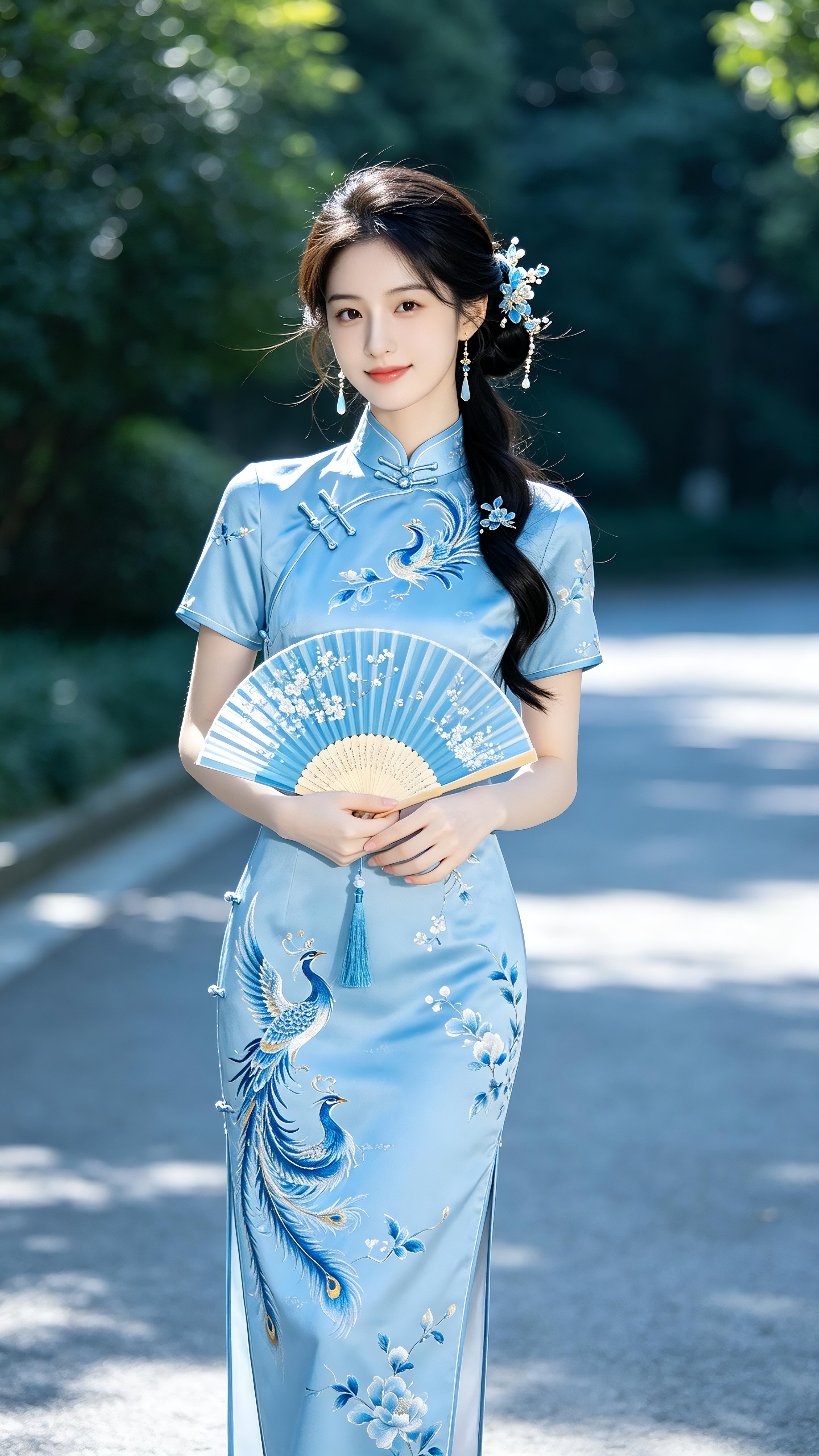 冷色调，高亮度，18岁女大学生，尖下巴，三庭五眼比例均衡，身材娇小，细腻陶瓷水嫩肌肤，偏冷白皮，全身特写，正面照，全景镜头，人物全身特写镜头，身穿淡蓝色印花旗袍，凤凰刺绣精致盘发，手拿同色系折扇。最高等级画质，IHD，… - AI prompt reference from CC Prompt Galaxy