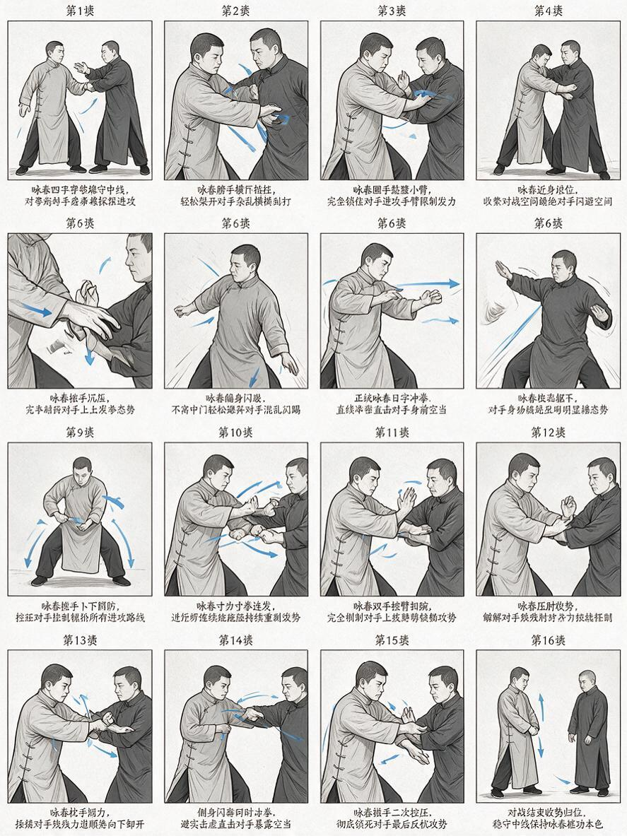####4×4 十六宫格全新火柴人咏春对战分镜（1-16 全新动作体系），生成在同一个图片上次， 第一行（1-4 帧 起手对峙・近身贴靠阶段） 序号 1 画面：火柴人甲乙二字钳羊马扎桩对峙，甲沉肩守中线，乙歪身贸然起势… - AI提示词参考图，来自西西提示词