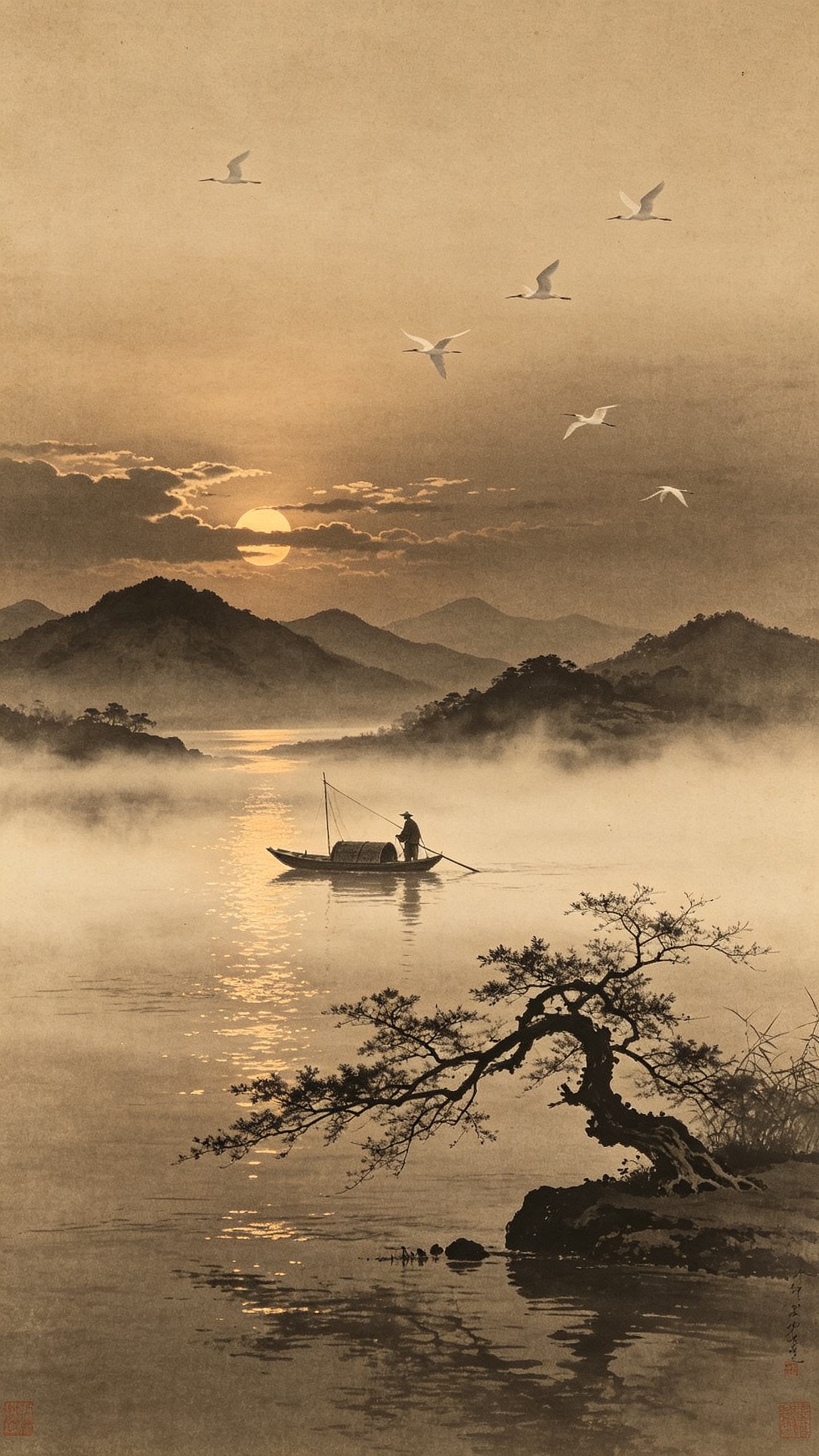 郎静山画意摄影，淡彩棕褐色调，宋版画风构图，三远法布局，渔舟唱晚，老翁摇橹归航，夕阳余晖洒在江面泛起金色碎光，远山如黛，暮云合璧，近处老树斜出，水面薄雾轻笼，孤舟人影成趣，大量留白营造空灵感，大面积天光水白形成极疏极密… - AI提示词参考图，来自西西提示词