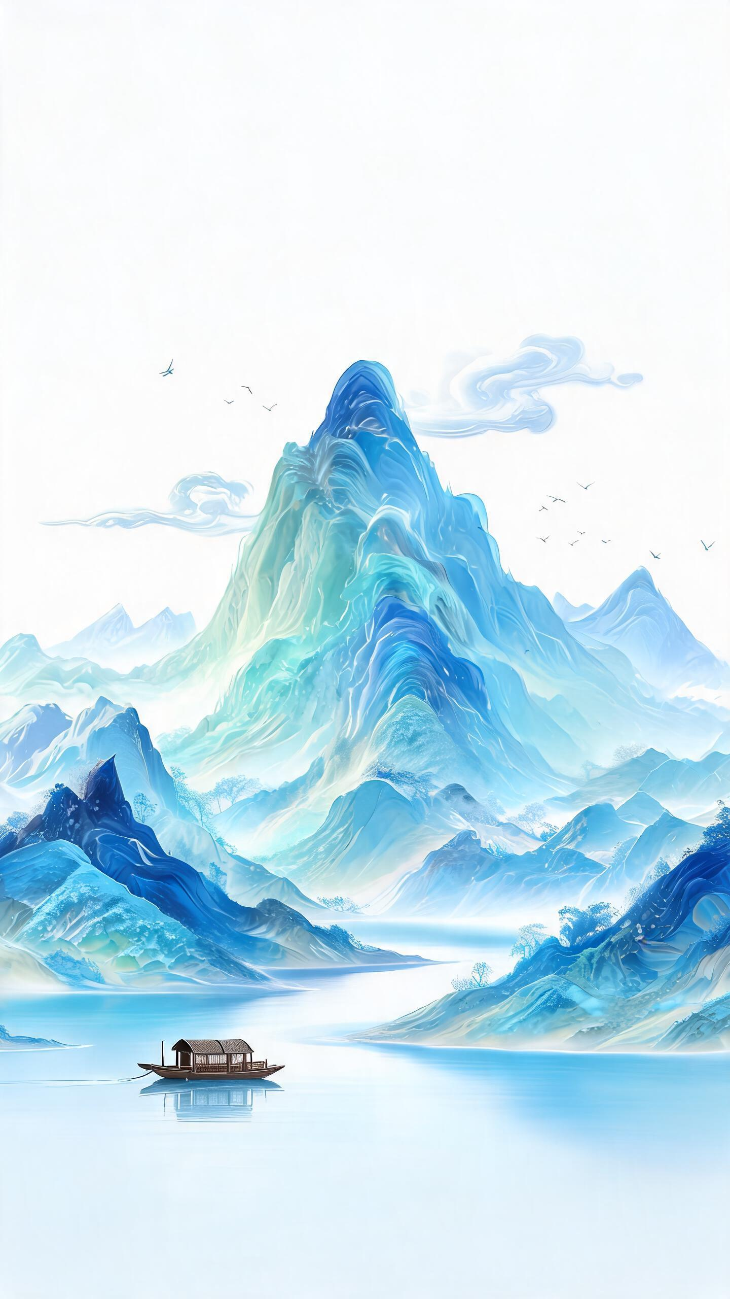 新中式数字艺术作品，小幅震颤动态的立体千里江山，淡青矿物色调搭配克莱因蓝分层晕染，山峦持续流淌舒展，中心构图强化主峰视觉，山谷间澄澈湖泊搭配仿古渔船，天际流云舒展、飞鸟翱翔，极简留白构图，画面通透轻盈，超现实抽象表现手… - AI提示词参考图，来自西西提示词