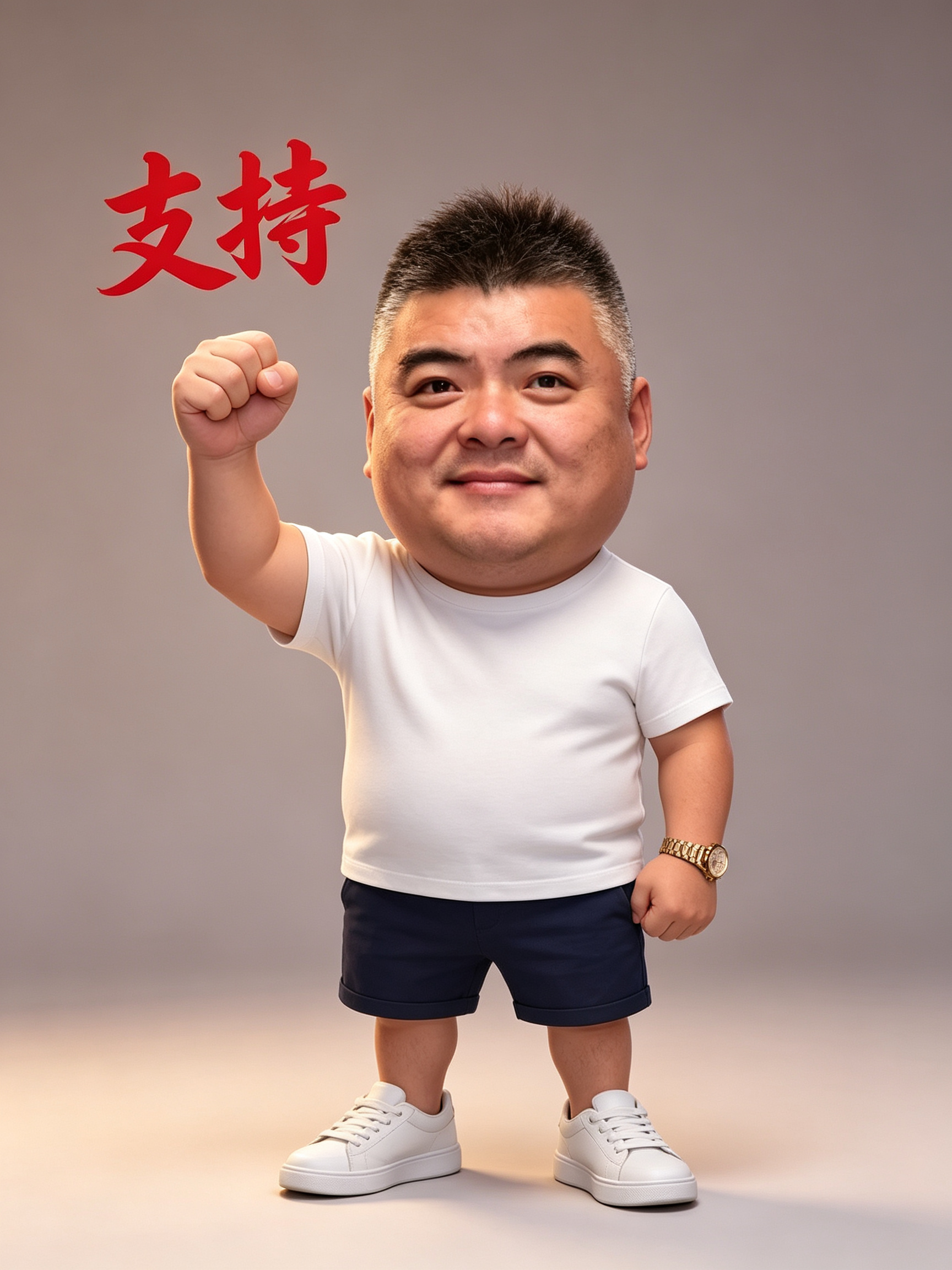 ##主题是绘制一幅写实Q版风格的滑稽夸张搞笑的现代形象肖像，大叔身着白T恤，下穿藏青色短裤，白色运动鞋，左手腕戴着一块金色手表。有着漫画风格夸张的大头俏皮模样。（与身体比例1：1），右手举起拳头。拳头上端有红色美术字体… - AI提示词参考图，来自西西提示词