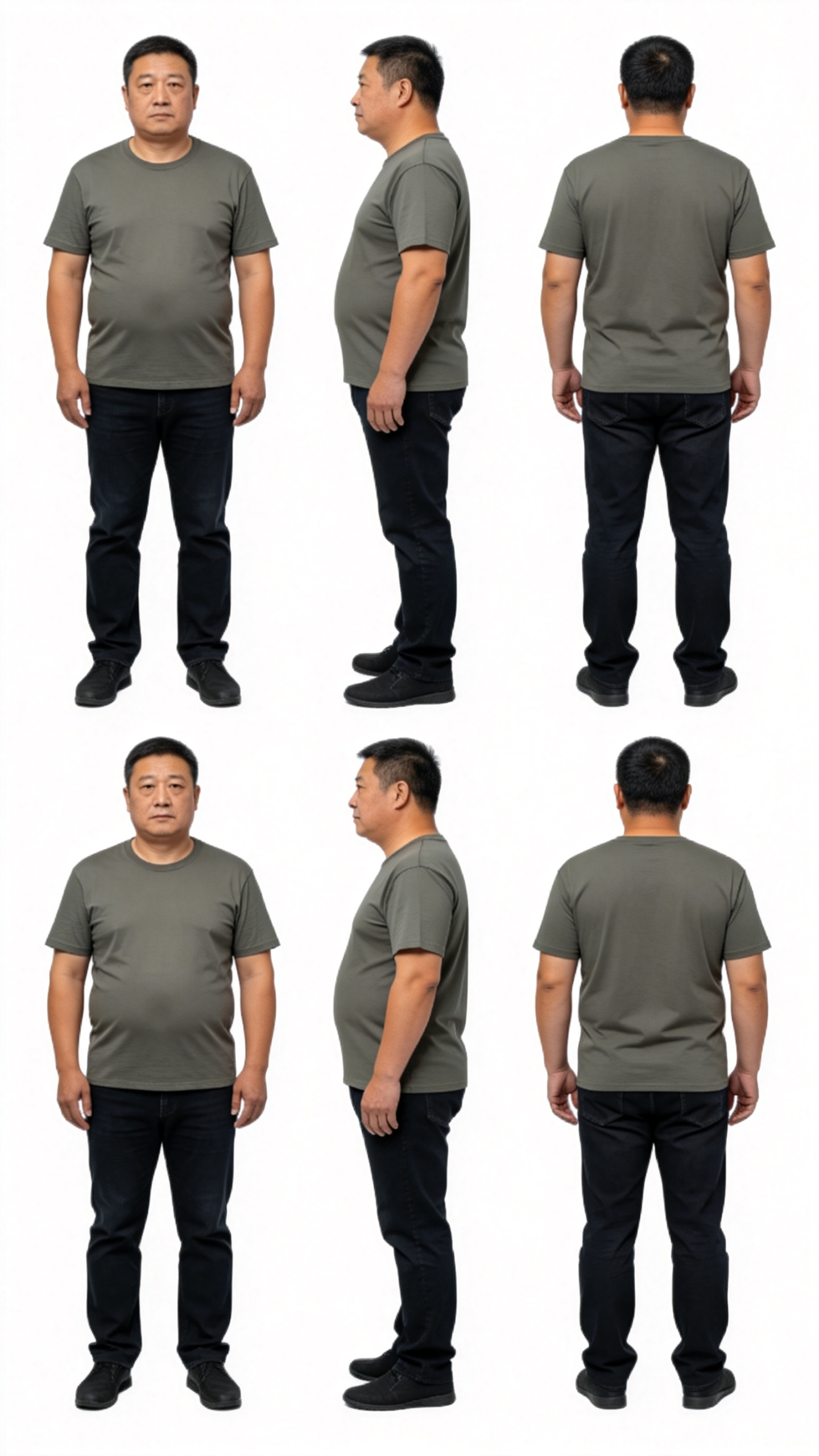 白底四视图角色设定图，单人角色，40岁左右，中国男性，身高1.7米，大众脸，中年发福，短发。穿短袖T恤，普通长裤。不像明星，不像网红。标准角色设定板排版，纯白色背景，简洁干净。同一人物完整四视图：正面，45度侧前，侧面… - AI提示词参考图，来自西西提示词